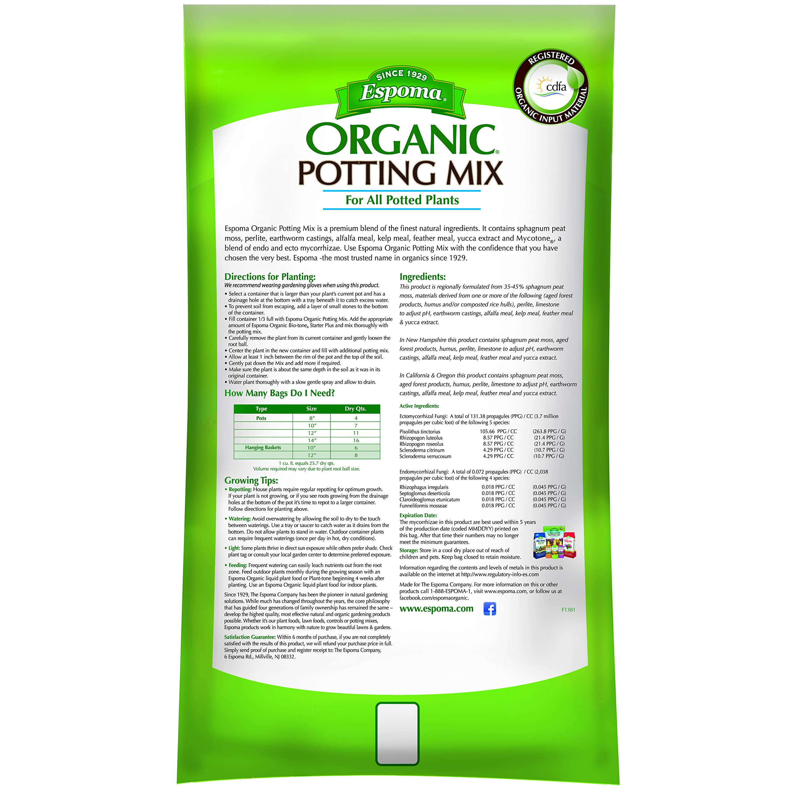 Espoma Organic Potting Soil Mix - All Natural Potting Mix For All Indoor & Outdoor Containers Including Herbs & Vegetables. For Organic Gardening, 2 Cubic Foot bag. Pack of1