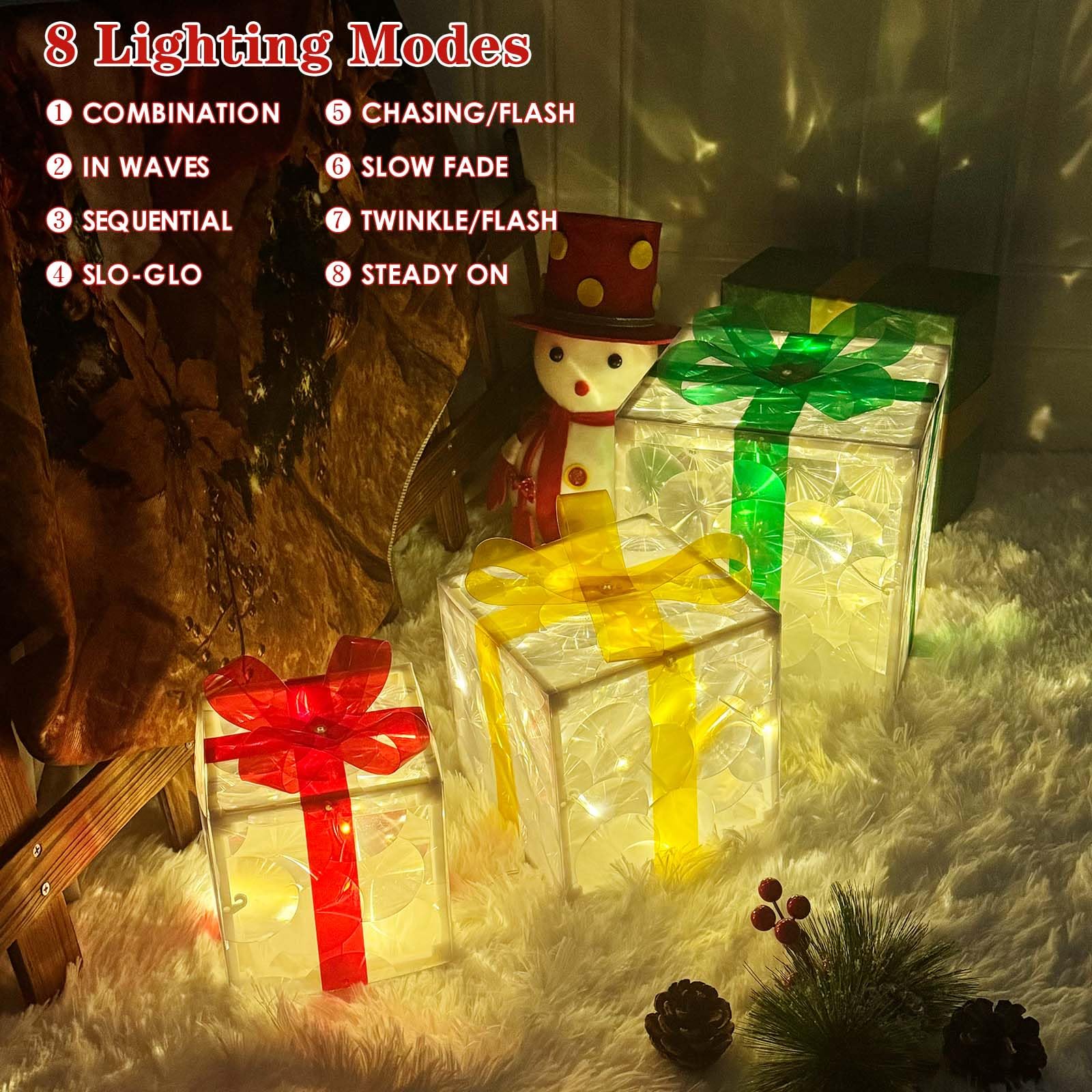 Set of 3 Christmas Lighted Boxes Decorations Indoor Outdoor, 60 LED Christmas Light Up Present Box with 8 Modes, Battery Powered Gift Box for Xmas Tree Yard Home Porch Holiday Lawn Decor(Warm White)