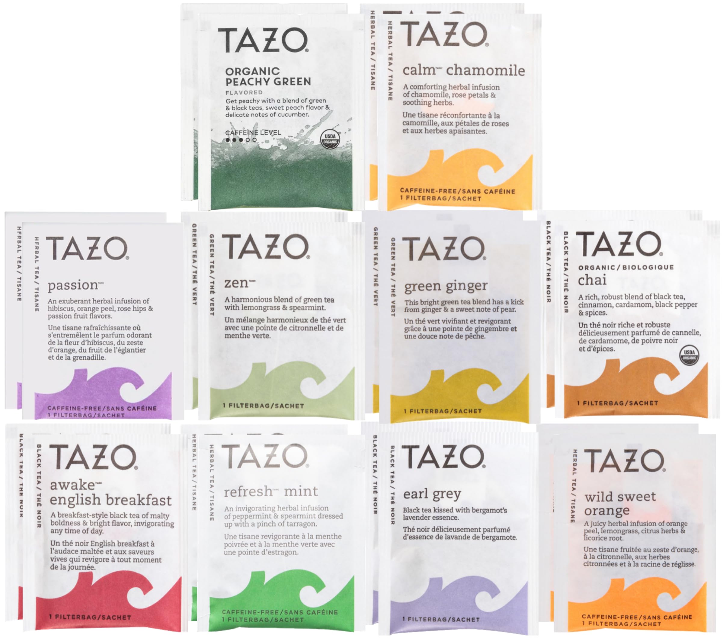 Tazo Tea Bags Sampler Variety Gift Box, 10 Different Flavors, 20 Count, with Honey Sticks