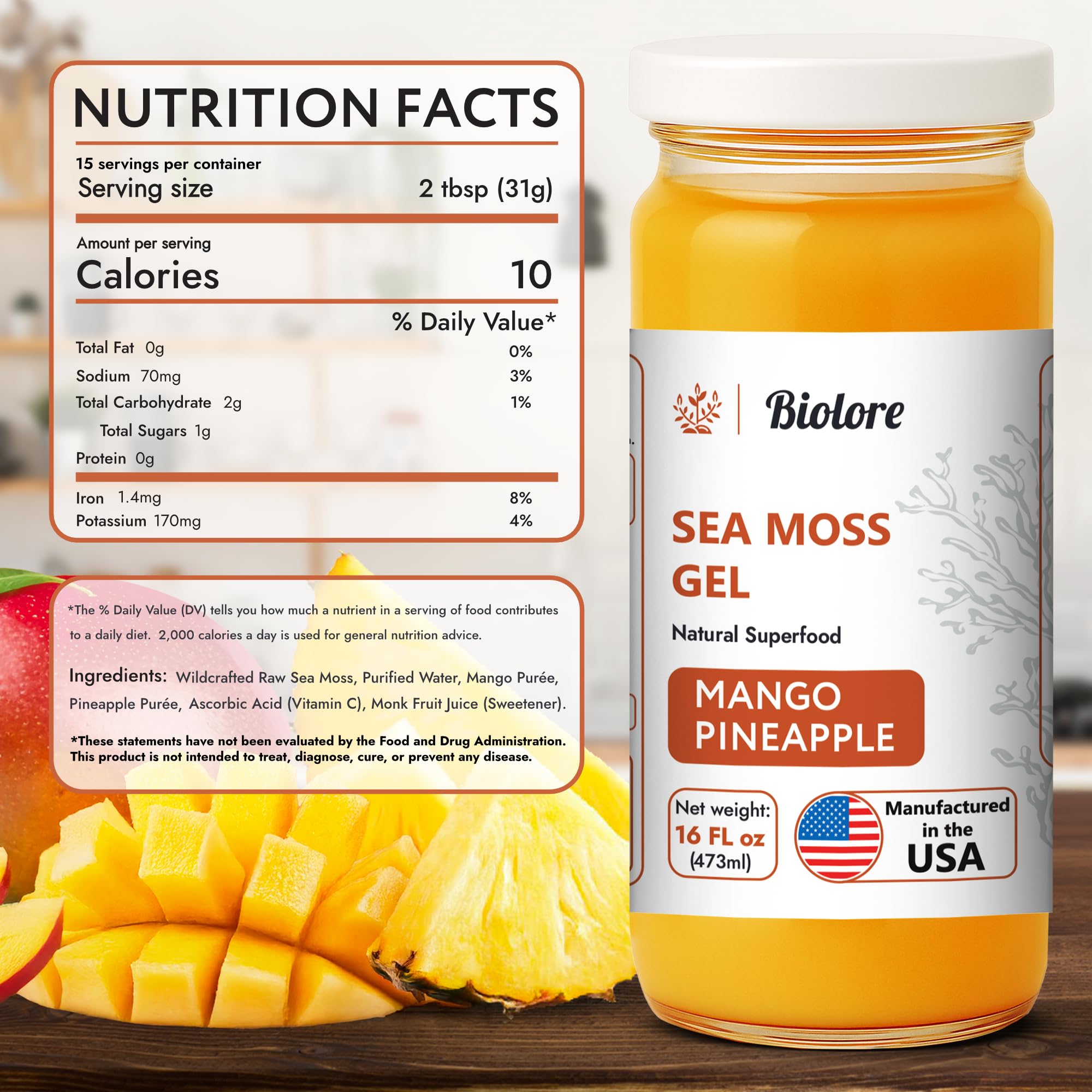 Biolore Sea Moss Gel – Mango Pineapple, Made in USA, No Added Sugar, Rich in Vitamins & Minerals, Vegan Superfood, Seamoss Jam & Spread Gift (16 oz)
