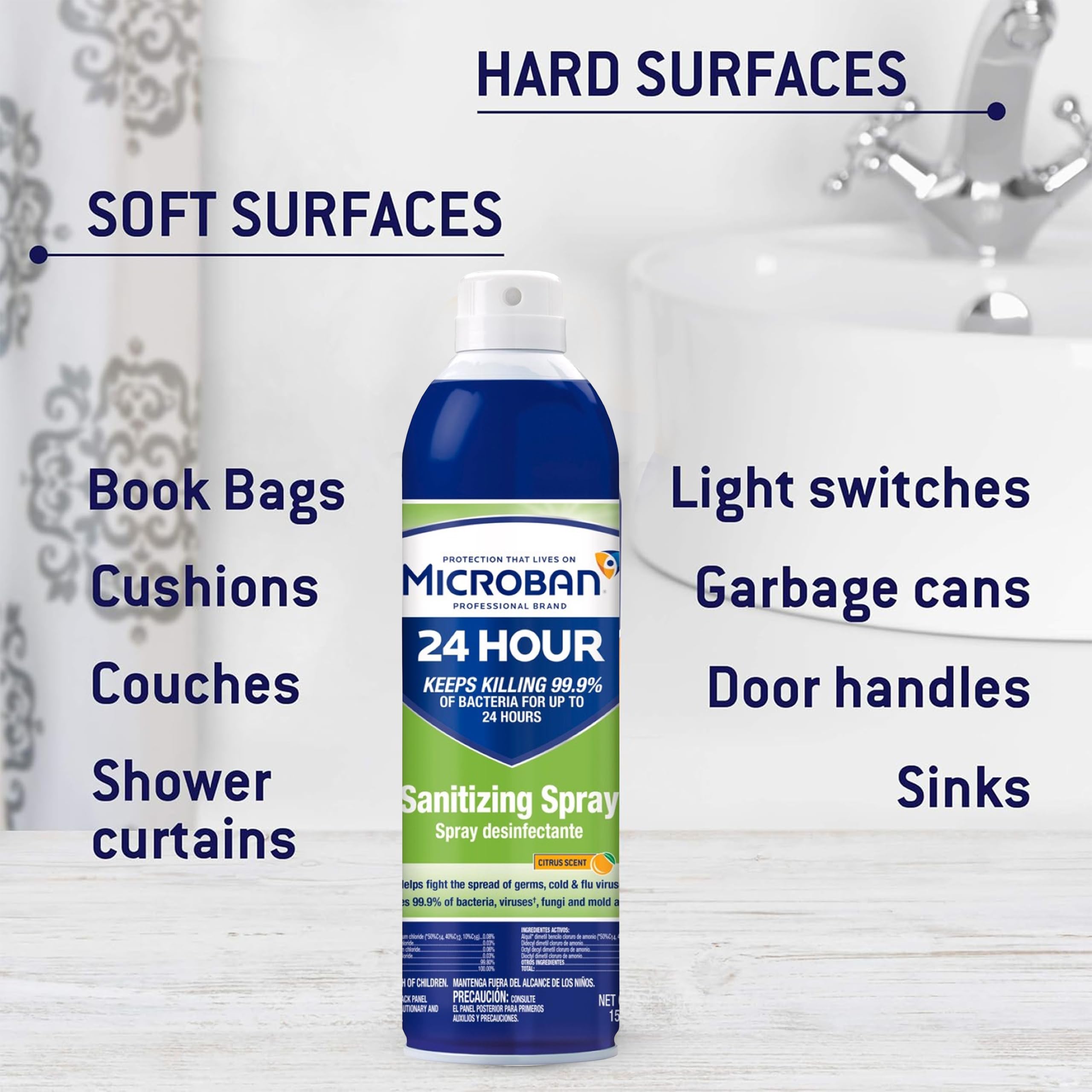 MICROBAN 24 Hour Sanitizing Spray, 6 cans, 15 fl oz Each