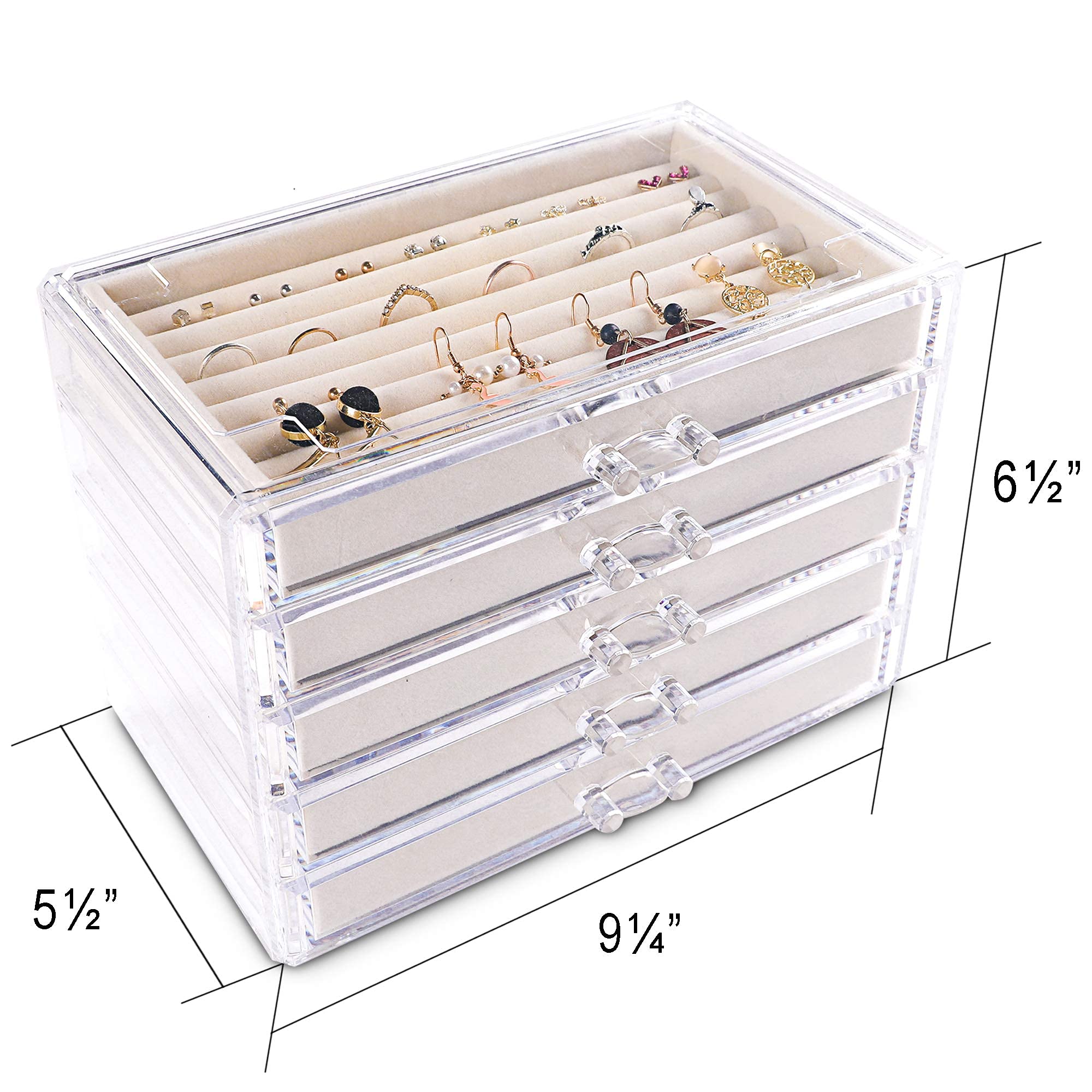 Frebeauty Extra Large Acrylic Jewelry Box for Women Girls 5 Layers Clear Velvet Earring Organizer with 5 Drawers Rings Display Case Necklaces Holder Tray (Beige)