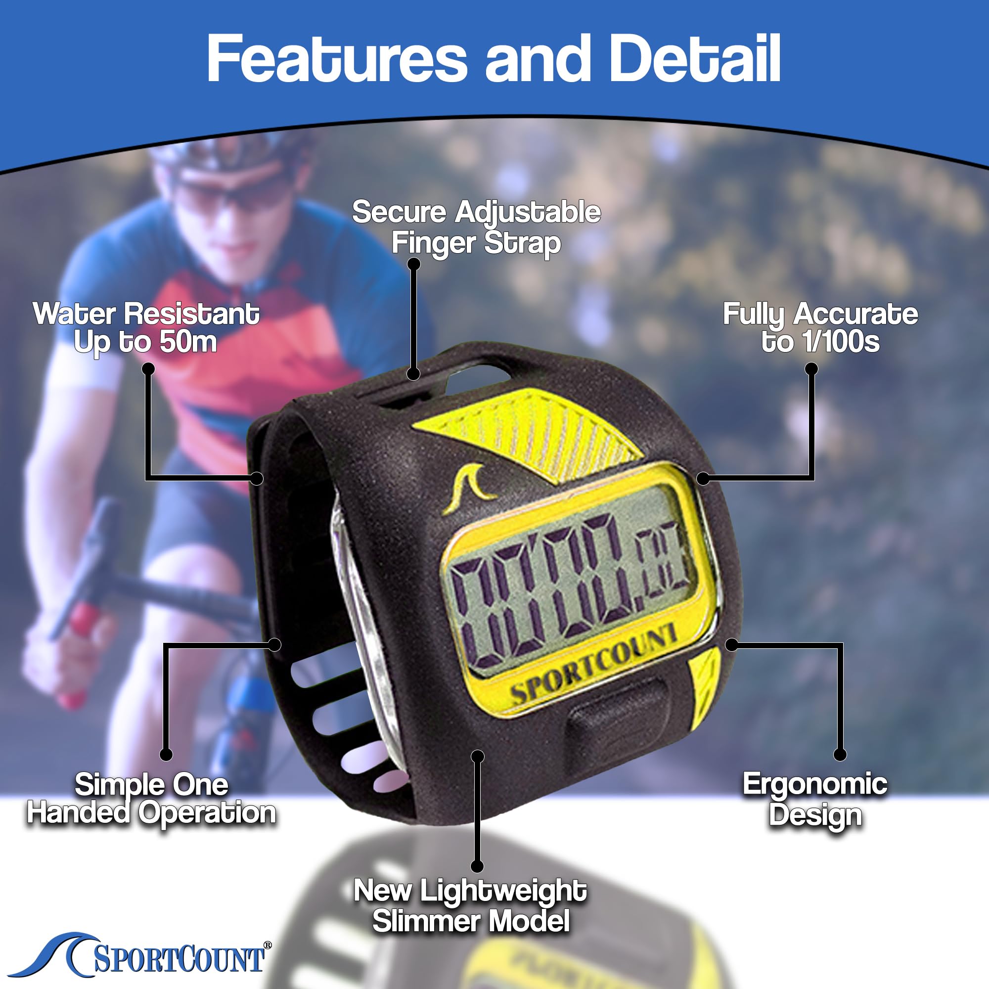 SC SportCount Finger Stopwatch Swim Timer - Waterproof Handheld Swimming Stopwatch for Running, Training, and Cycling