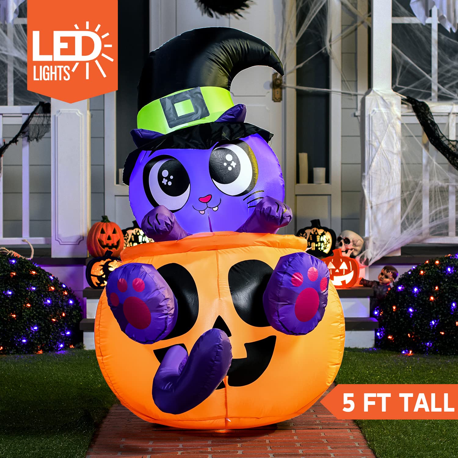 Joiedomi 5 FT Tall Halloween Inflatables Outdoor Decorations, Witch's Cat Inflatable Halloween Decor Outdoor, Halloween Inflatable Cat in Blow Up Pumpkin with LEDs for Cute Halloween Decoration