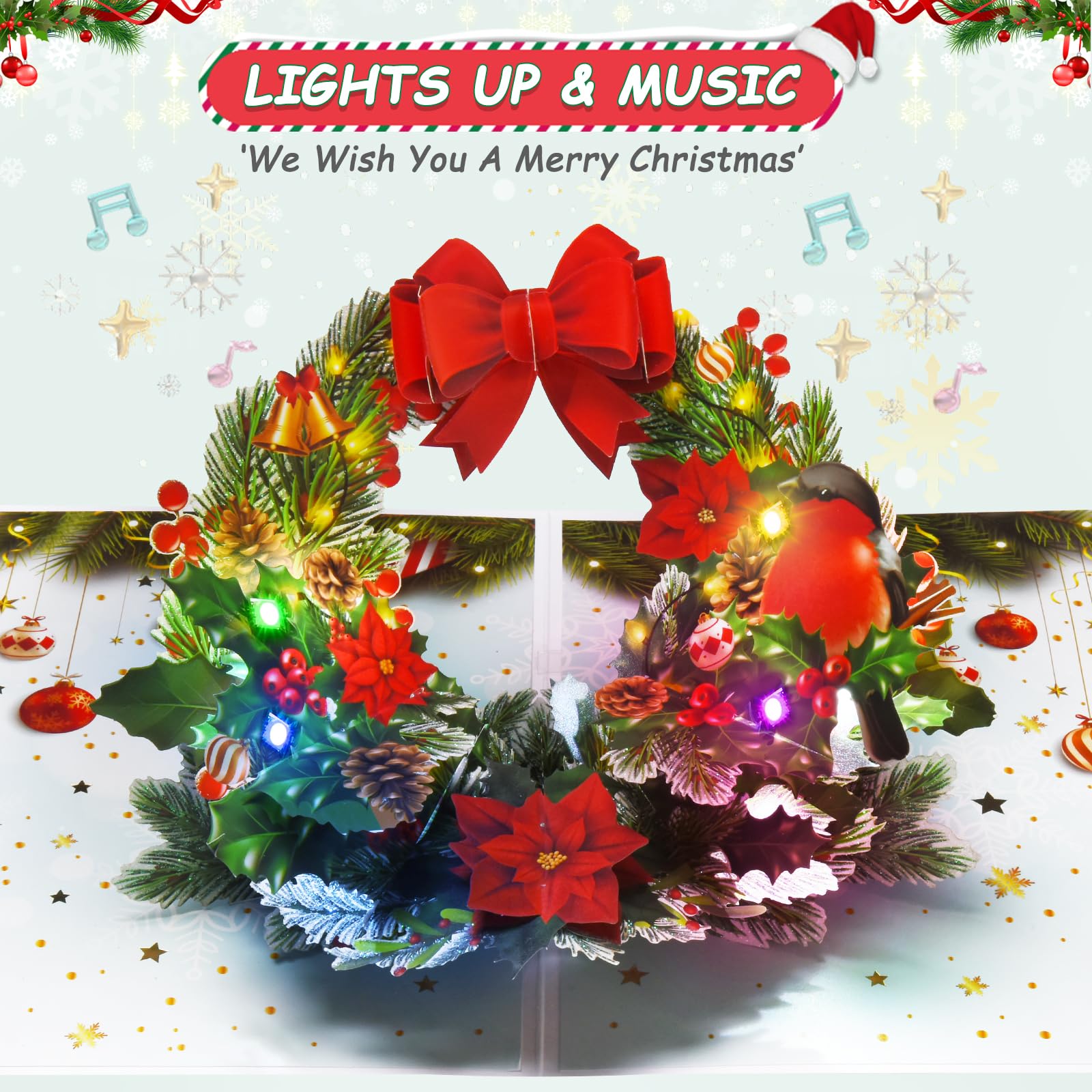 VIVIKEN Pop Up Christmas Cards with Lights and Music, 3D Christmas Wreath Design, Handmade Musical Popup Greeting Card for Christmas Holiday Includes Envelop, Playing 'We Wish You a Merry Christmas'