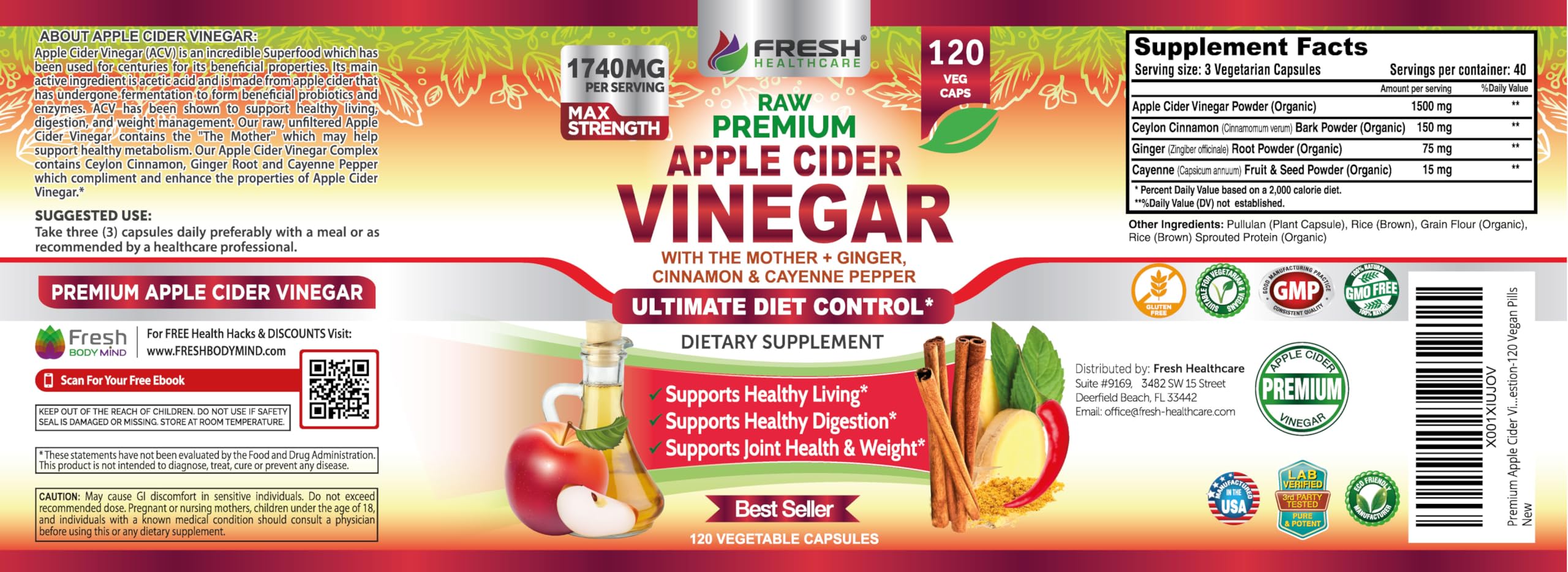 Apple Cider Vinegar Capsules Max 1740mg with Mother - 100% Natural & Raw with Cinnamon, Ginger & Cayenne Pepper - Ideal for Healthy Living, Detox & Digestion -120 Vegan Pills