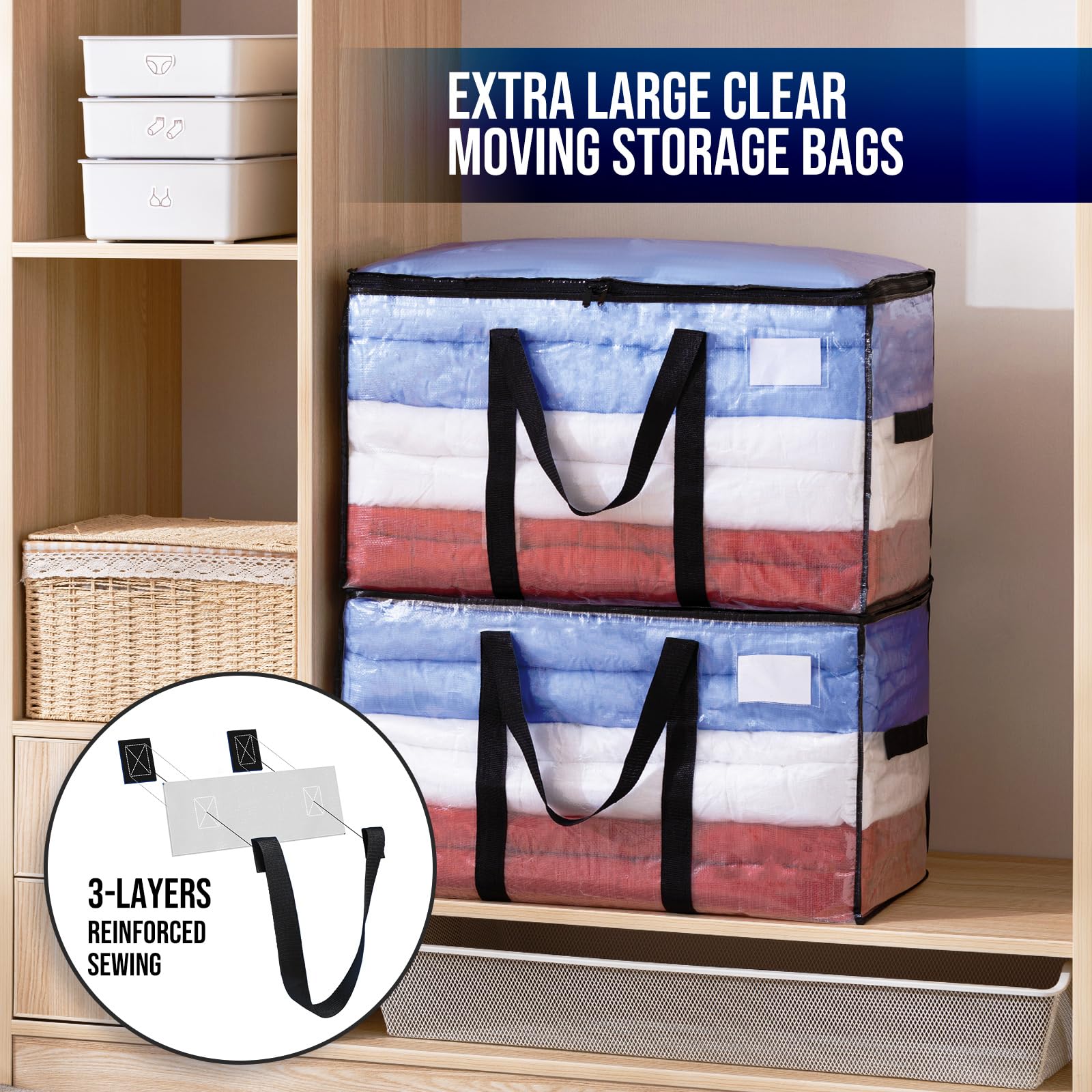 TAILI Extra Large Moving Bags, 8 Pack Clear Heavy Duty Totes For Storage with Visible Window, Wrap Around Handles, Storage Bags for Space Saving, Alternative to Moving Boxes