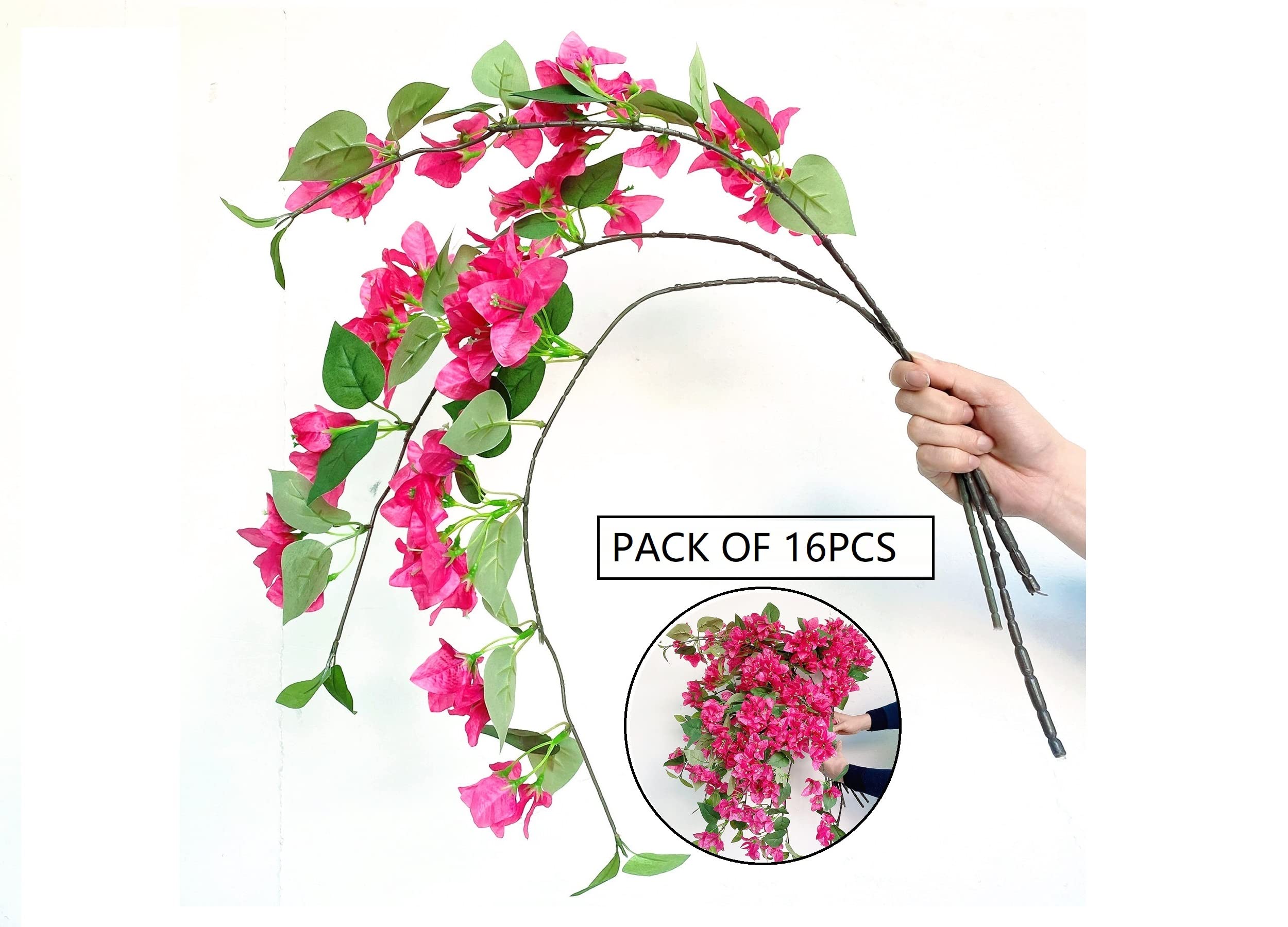 biparoz Pack of 16 Artificial Bougainvillea Silk Vines Hanging Flower Stems for Wedding & Home Decoration, Flower Garland and Garden DIY Decor - 30.5 inch (Fuchsia)