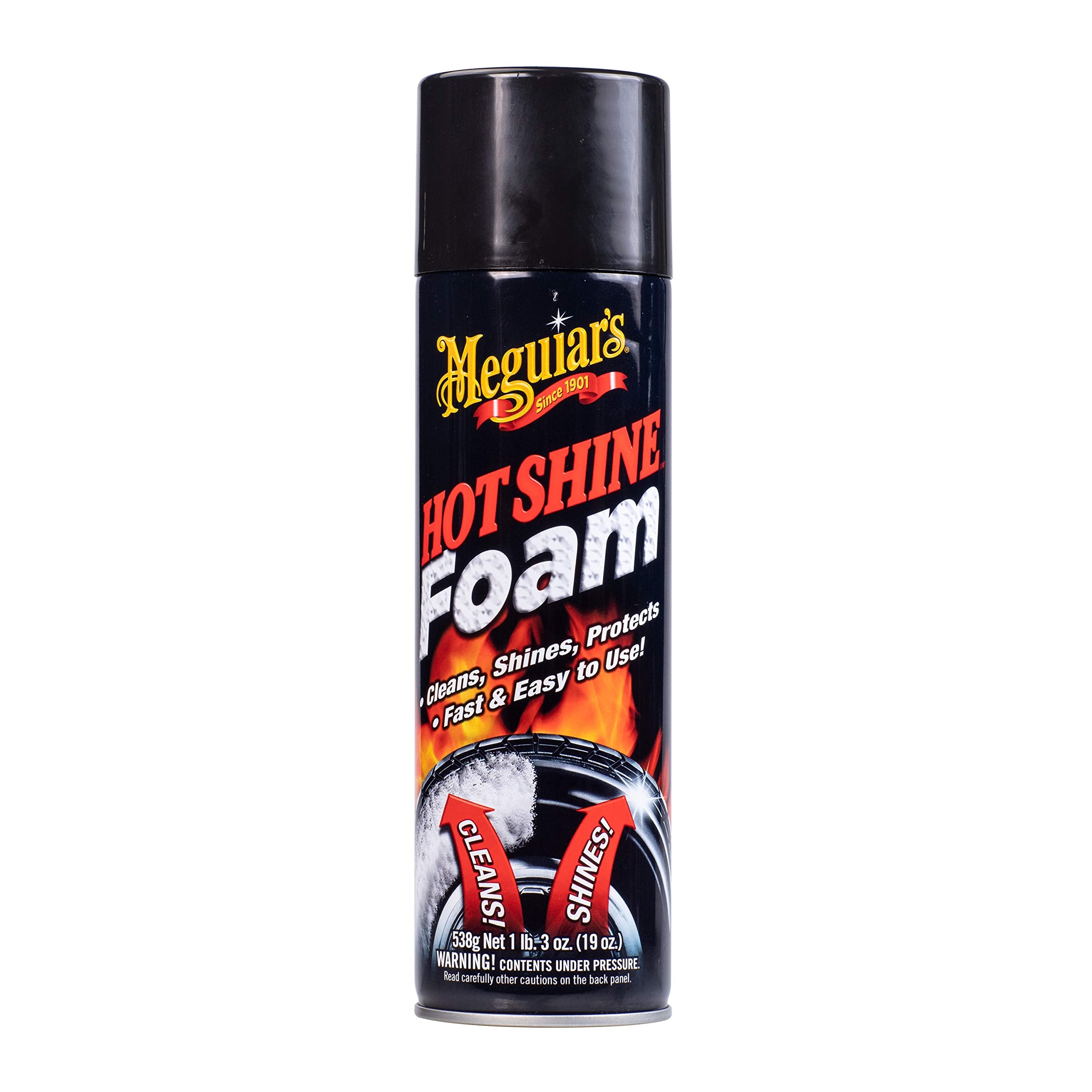 Meguiar's Hot Shine Tire Foam - High Goss Tire Shine That Cleans, Shines, and Protects in One, Deep, Black Shine with Conditioners and UV Protection to Help Keep Tires Looking Like New, 19 Oz Aerosol