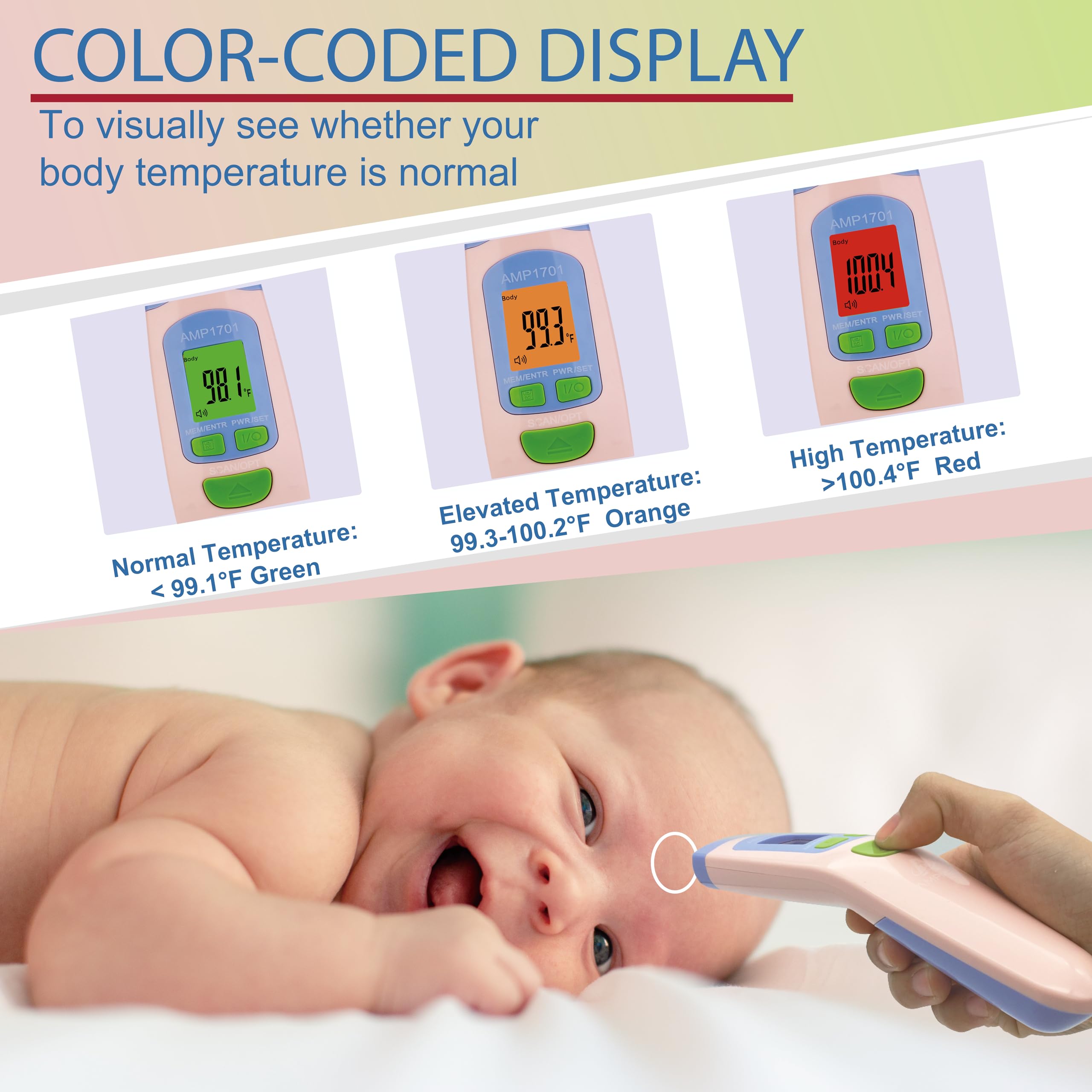 Amplim Ampmed Non Contact/No Touch Digital Forehead Thermometer for Adults, Kids, and Babies, Touchless Temporal Thermometer with Storage Case. FSA HSA Approved - Pink