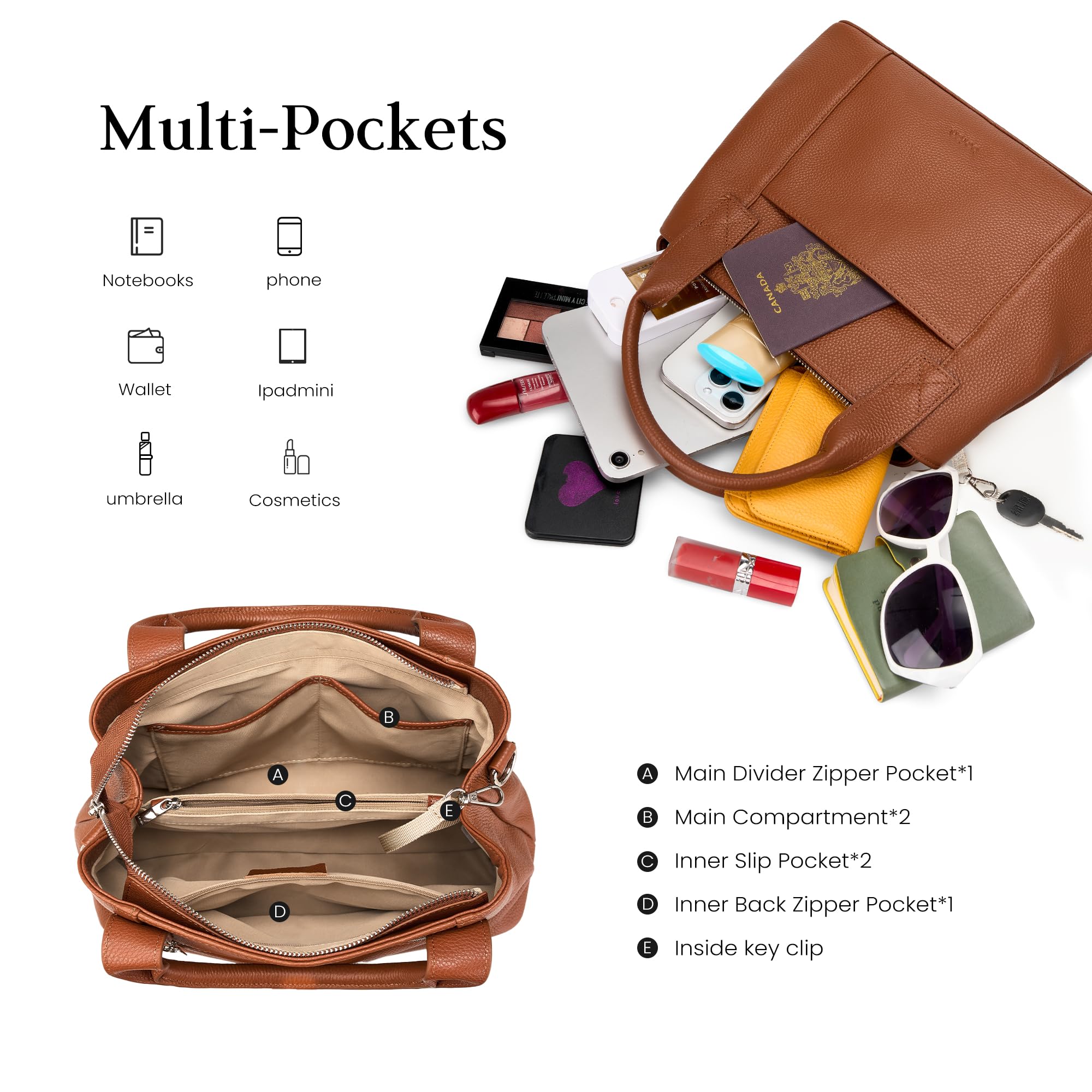 befen Womens Genuine Leather Purse and Handbags, Crossbody Shoulder Bags for Women, Small Satchel Tote Bag with Zipper Brown