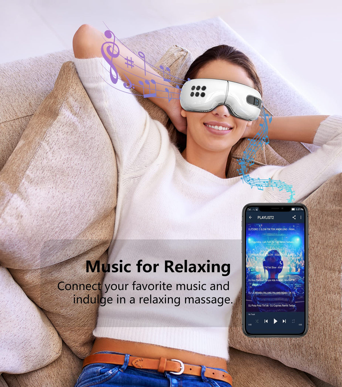 Huhubol Eye Massager with Heat and Cooling for Migraines, Relax Eye Strain Dry Eyes, Music Heated Eye Massager Reduce Dark Circles Puffiness, Eye Mask Massager Improve Sleeping Christmas Gifts(White)