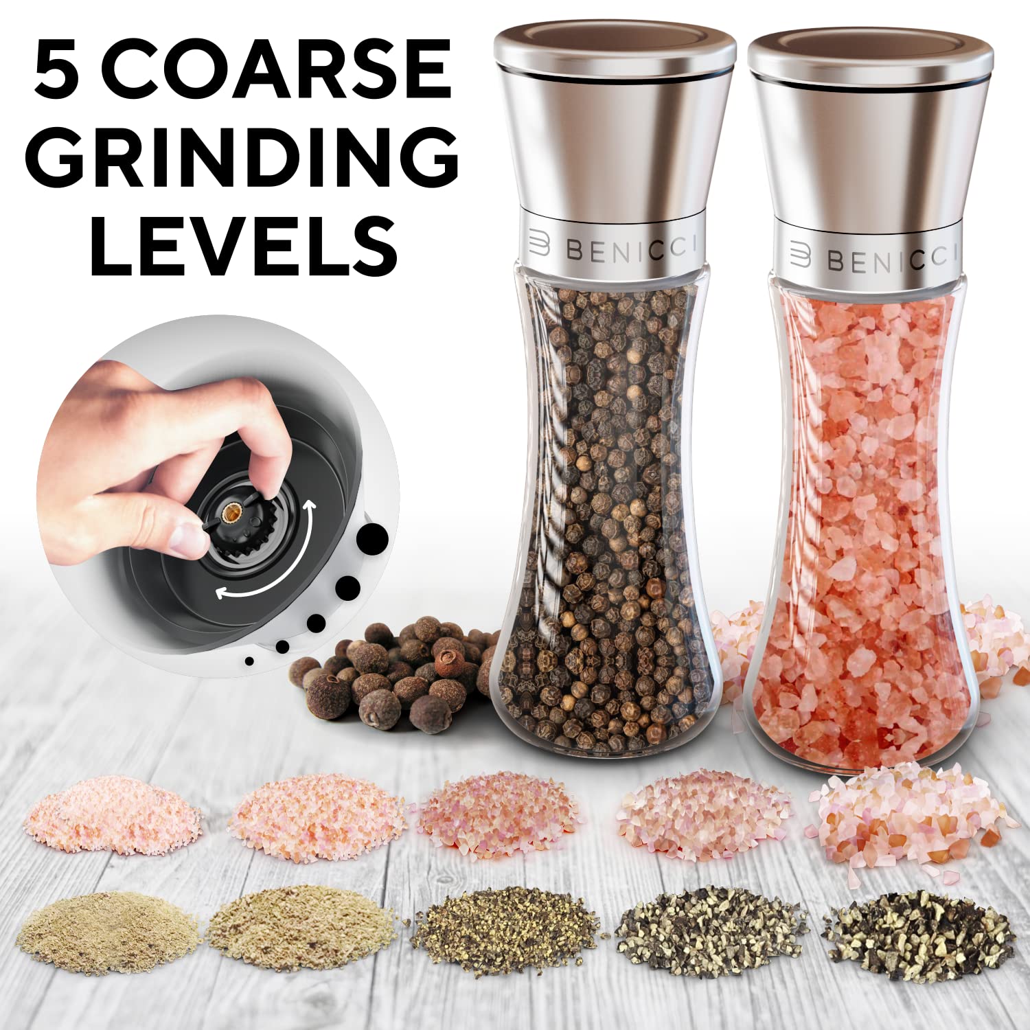 Premium Salt and Pepper Grinder Set of 2 - Two Refillable, Stainless Steel Sea & Spice Shakers with Adjustable Coarse Mills Easy Clean Ceramic Grinders w/BONUS Silicone Funnel Cleaning Brush