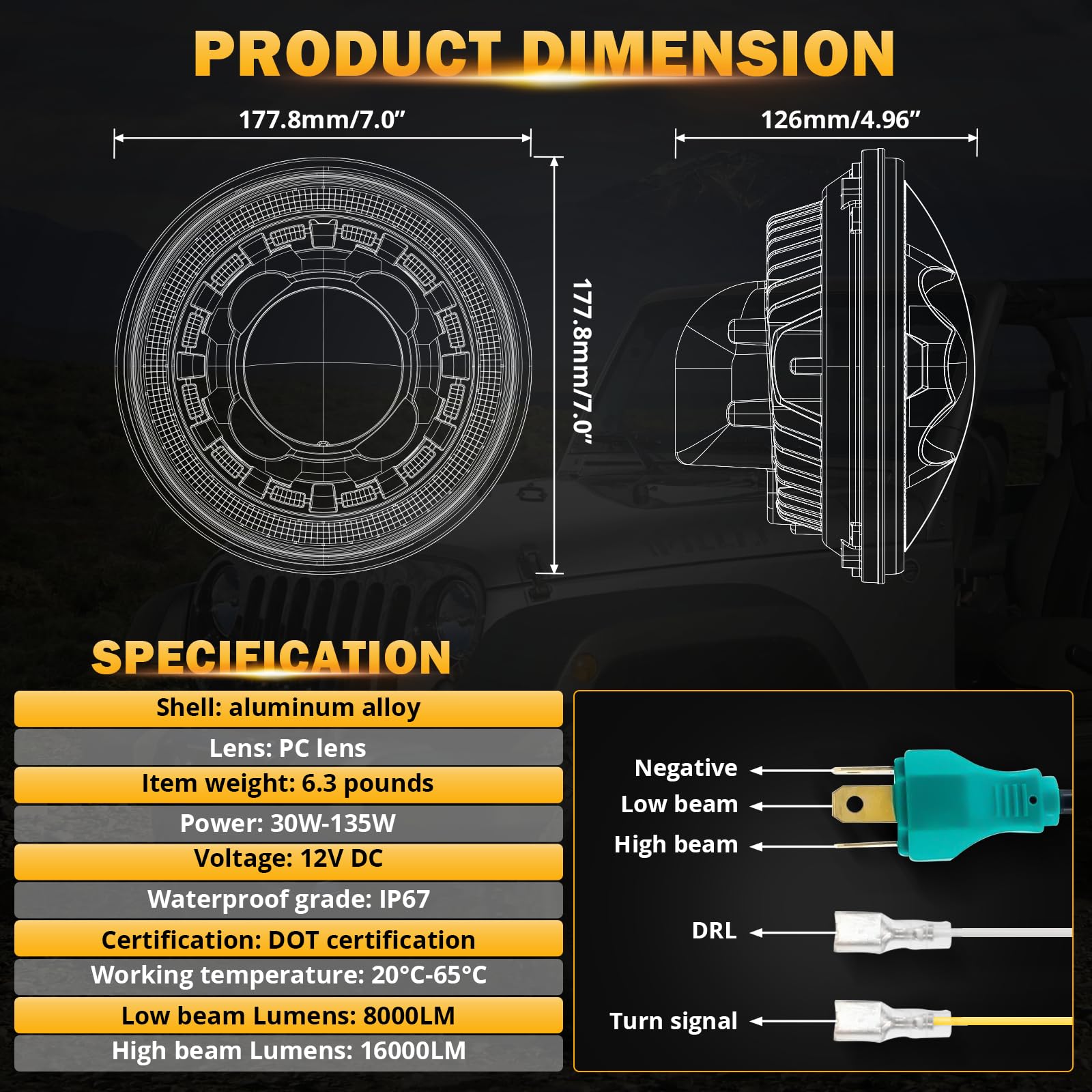 Auxbeam 7'' LED Headlights H6024 with Turn Signal DRL High Low Beam, 7Inch Round Headlights Compatible with 1997-2017 Jeep Wrangler JK TJ JL Ford, Replacement Headlamps DOT Approved, 2 Years Warranty