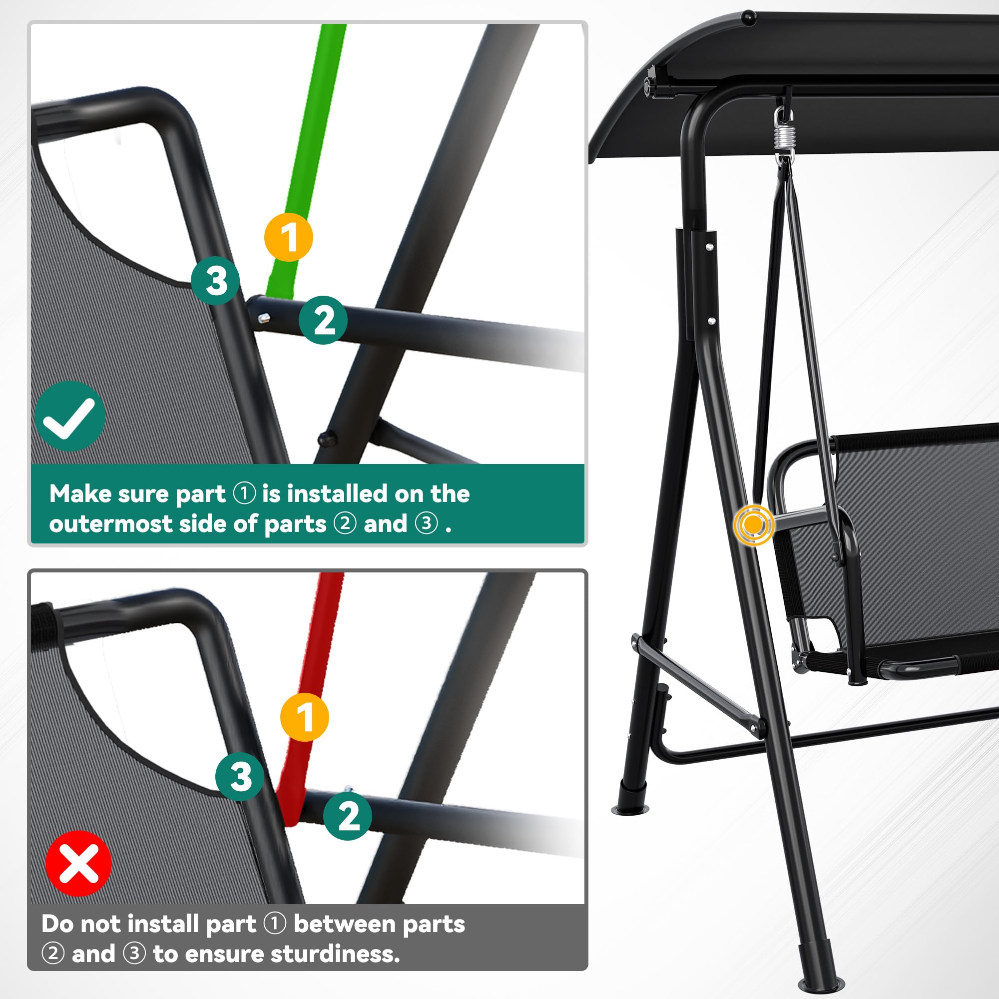 YITAHOME 3 Person Porch Swing Heavy Duty Outdoor Patio Swing Chair with Adjustable Canopy Weather Resistant Steel Frame for Garden, Lawn, Balcony, Black