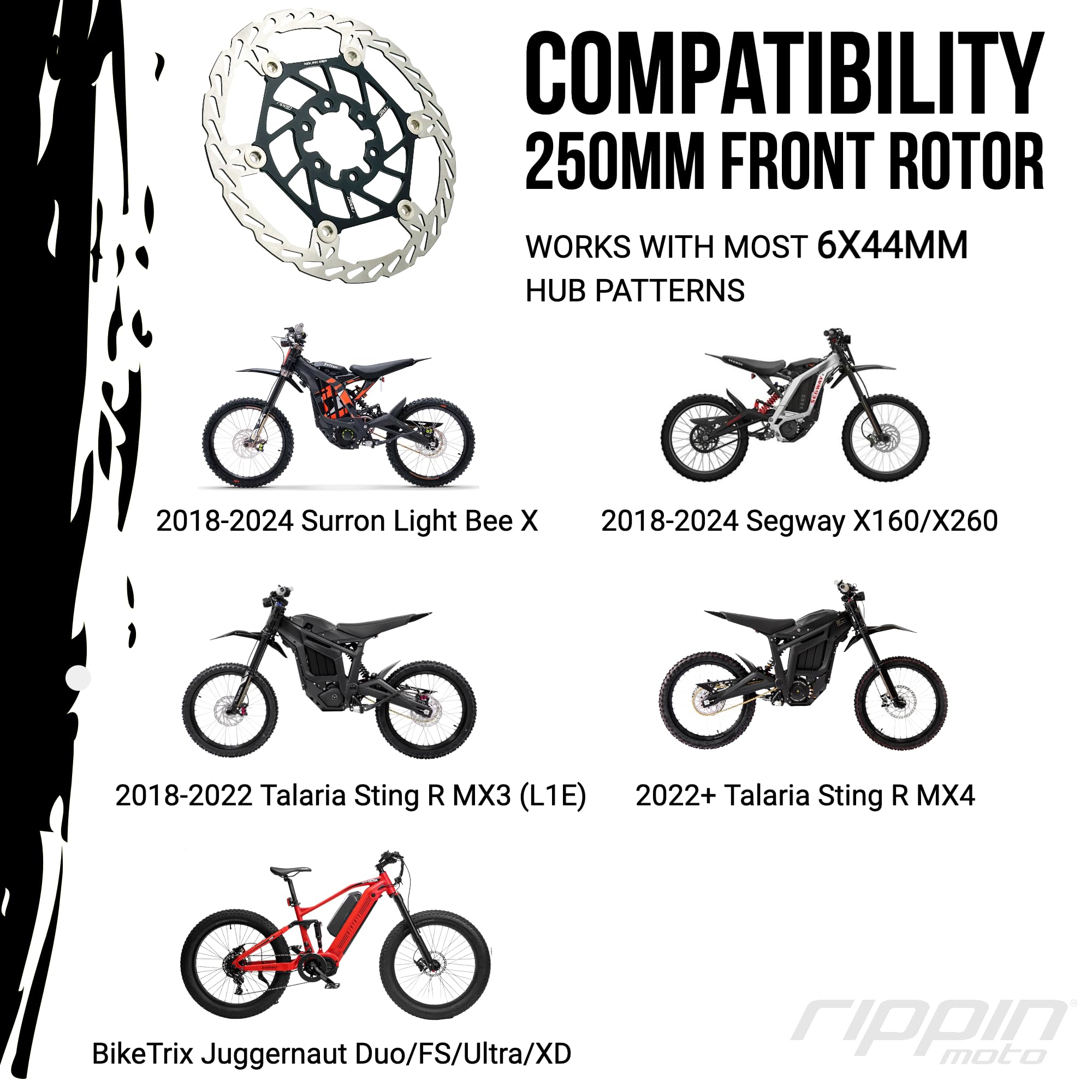 Rippin Moto 250mm Race Spec Front Rotor for Surron Light Bee X, & Talaria Sting R MX3, MX4 - High Performance Braking Upgrade - 2.3mm Thick | 6x44mm Hub Pattern