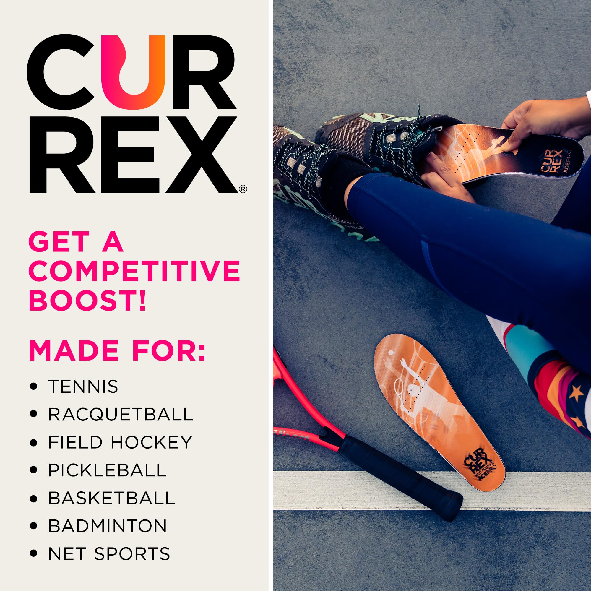 CURREX AcePro - Arch Support Insoles for Tennis, Basketball, Volleyball, Padel, Increase Performance & Agility, Court Based Sports Inserts, Men and Women – Low Arch, Small