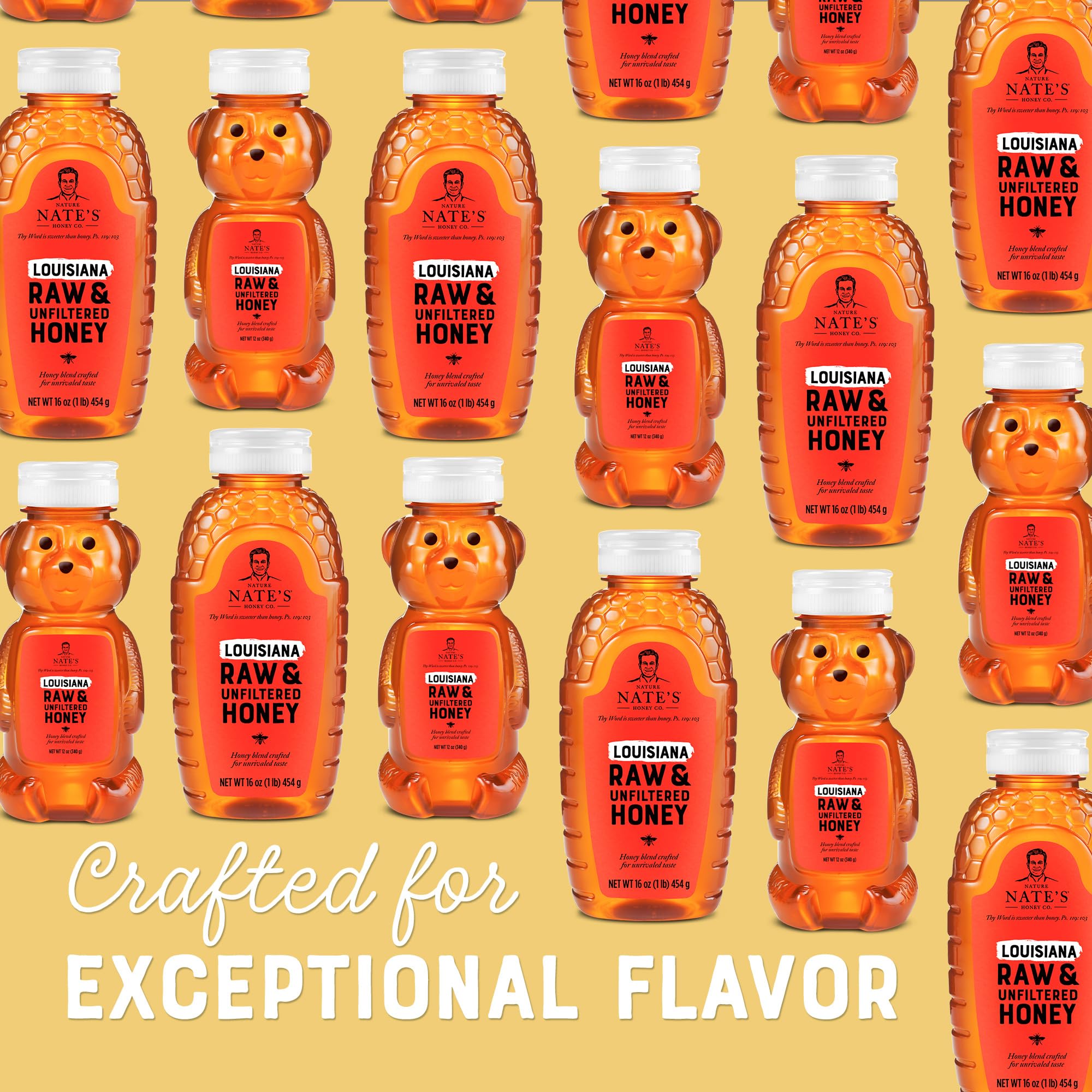 Nate's Louisiana 100% Pure, Raw & Unfiltered Honey - 12 oz. Honey Bear Bottle - All-natural Sweetener