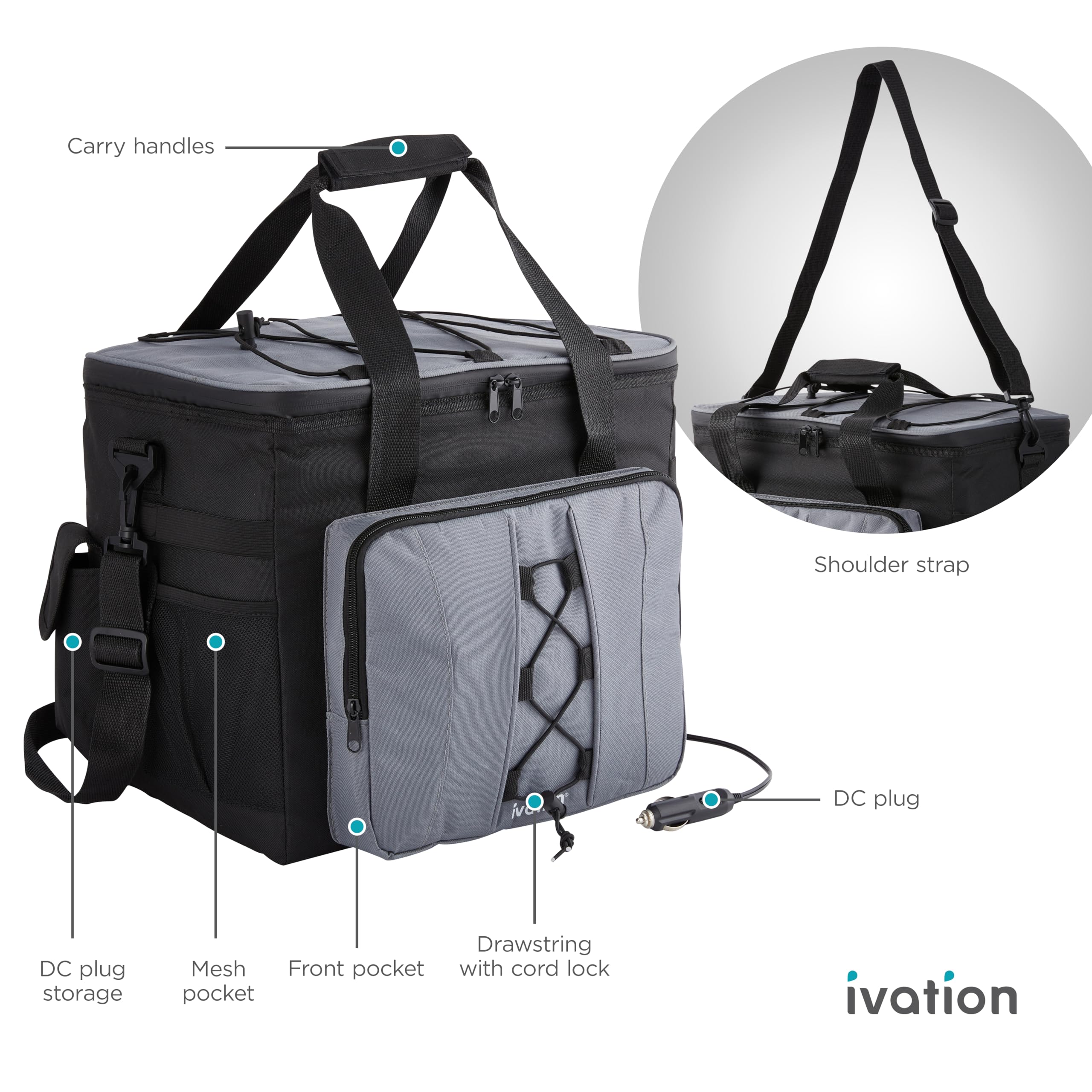 Ivation Portable Electric Cooler Bag | 18L Soft Sided Thermoelectric Travel Cooler with Shoulder Strap, Storage Pocket & DC 12V Plug in for Car, Truck & RV Camping