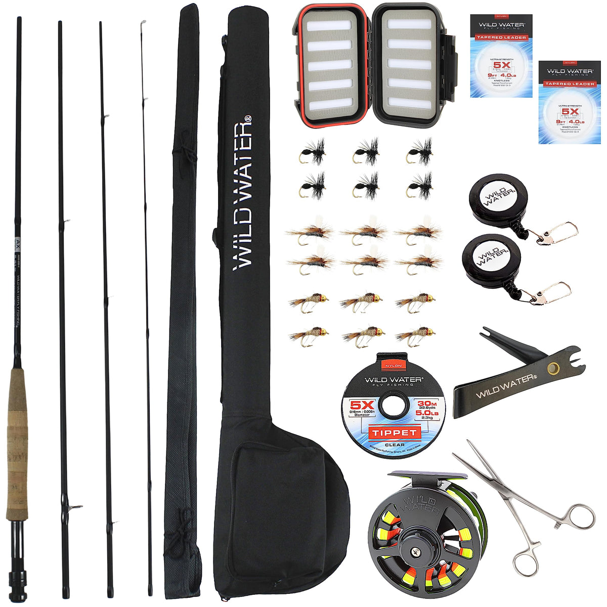 Wild Water Deluxe Fly Fishing Combo Starter Kit, 5 or 6 Weight 9 Foot Fly Rod, 4-Piece Graphite Rod with Cork Handle, Accessories, Die Cast Aluminum Reel, Carrying Case, Fly Box Case & Fishing Flies
