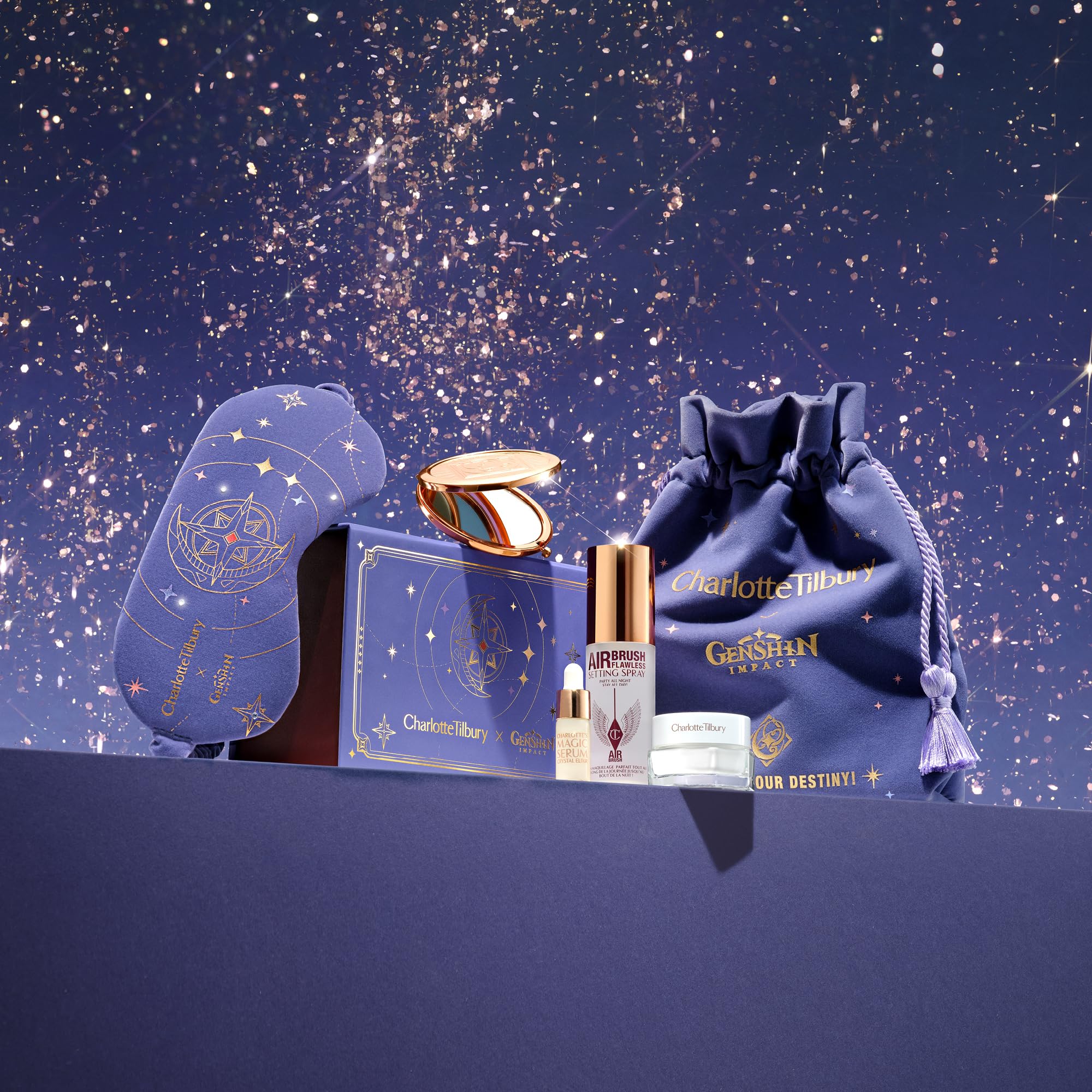 Charlotte Tilbury x Genshin Impact Mini Skin Care Set - Travel Size Skincare Kit with Magic Water Cream, Crystal Elixir, Setting Spray, Compact Mirror & Genshin Accessories - Pouch Included (6 Count)