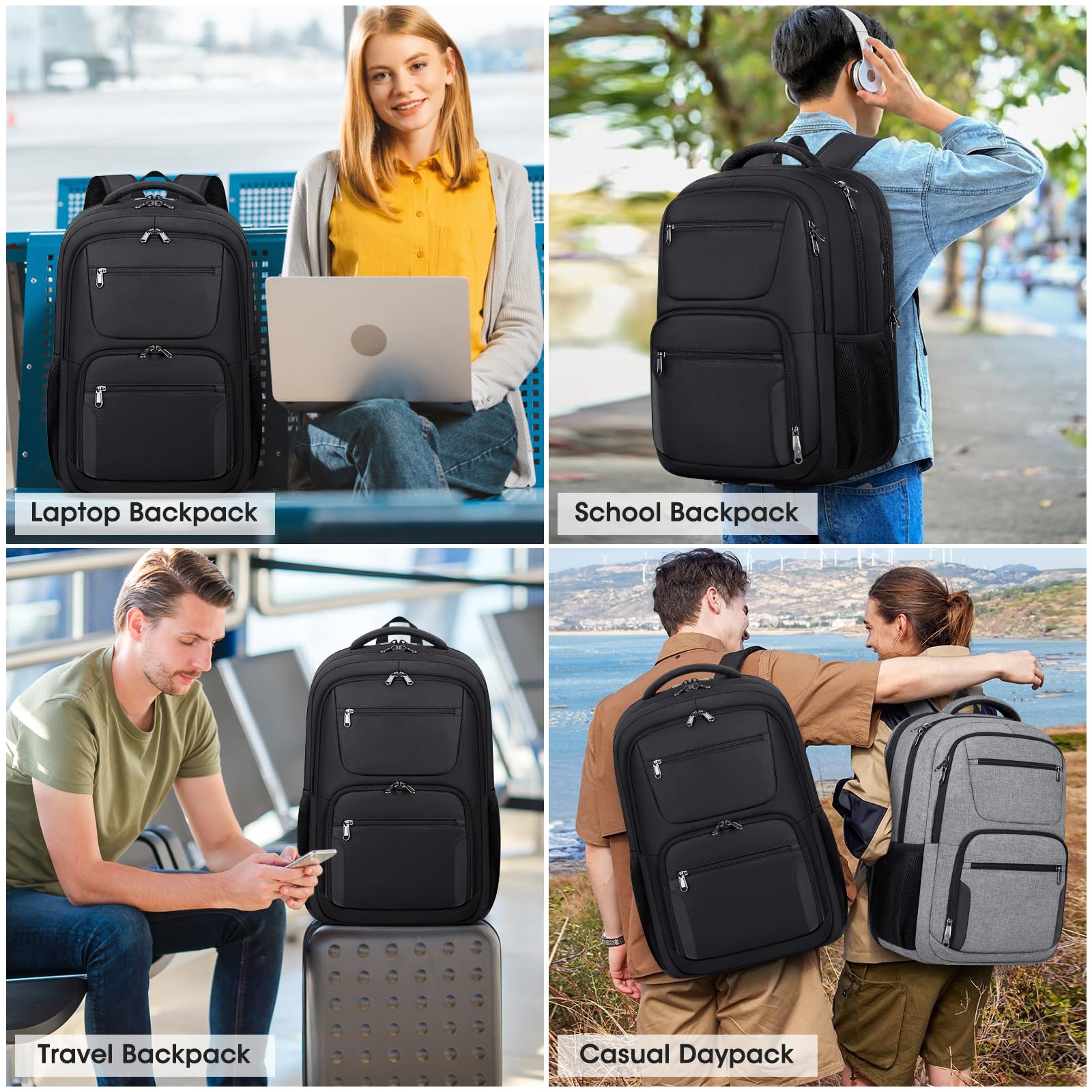 Travel Laptop Backpack, 17 Inch Extra Large Laptop Backpack with USB Charging Hole 45L Anti Theft Travel Backpack Water Resistant College Business Computer Bag Fit 17.3 Inch Laptop for Men Women Black