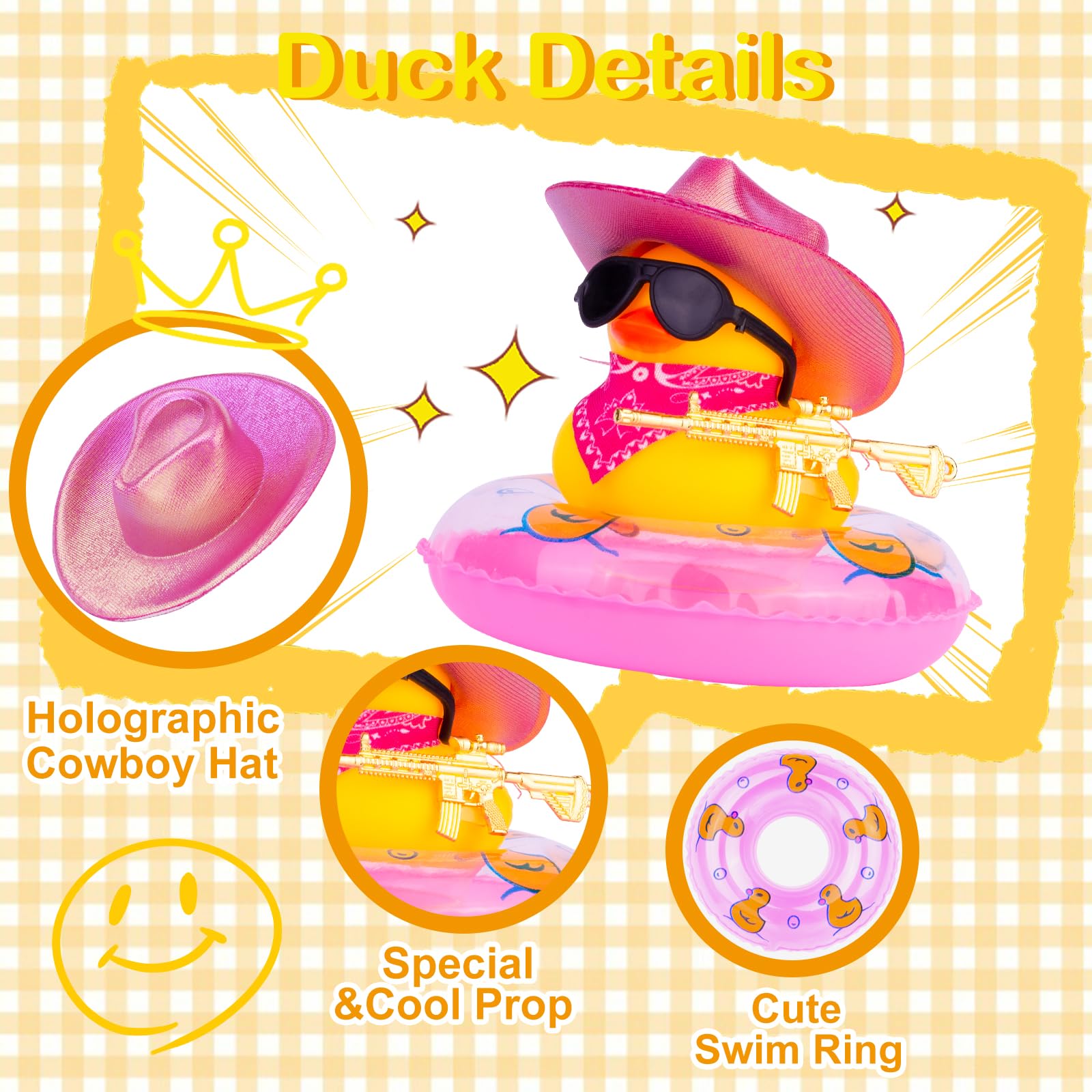 MuMyer Rubber Ducks for Cars Dashboard, Cowboy Duck Car Dashboard Decorations Accessories with Mini Holographic Cowboy Hat Swim Ring Scarf Sunglasses and Special Prop(Rose&US)