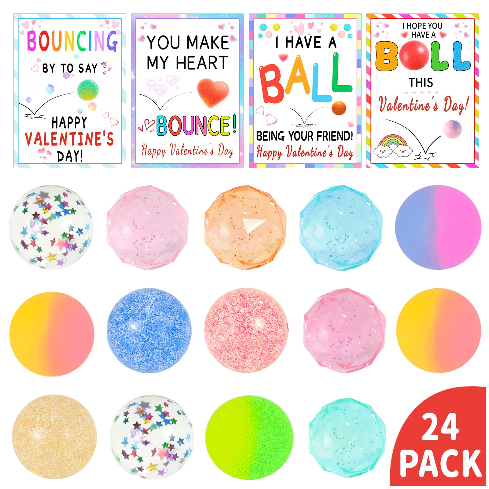 Valentines Gifts for Kids - Valentines Day Cards for Kids School, 24 Pack Bouncy Balls, Mini Fidget Toys Bulk, Valentine Exchange Party Favors Goodie Bags Stuffers for Class Classroom Prize Boys Teen