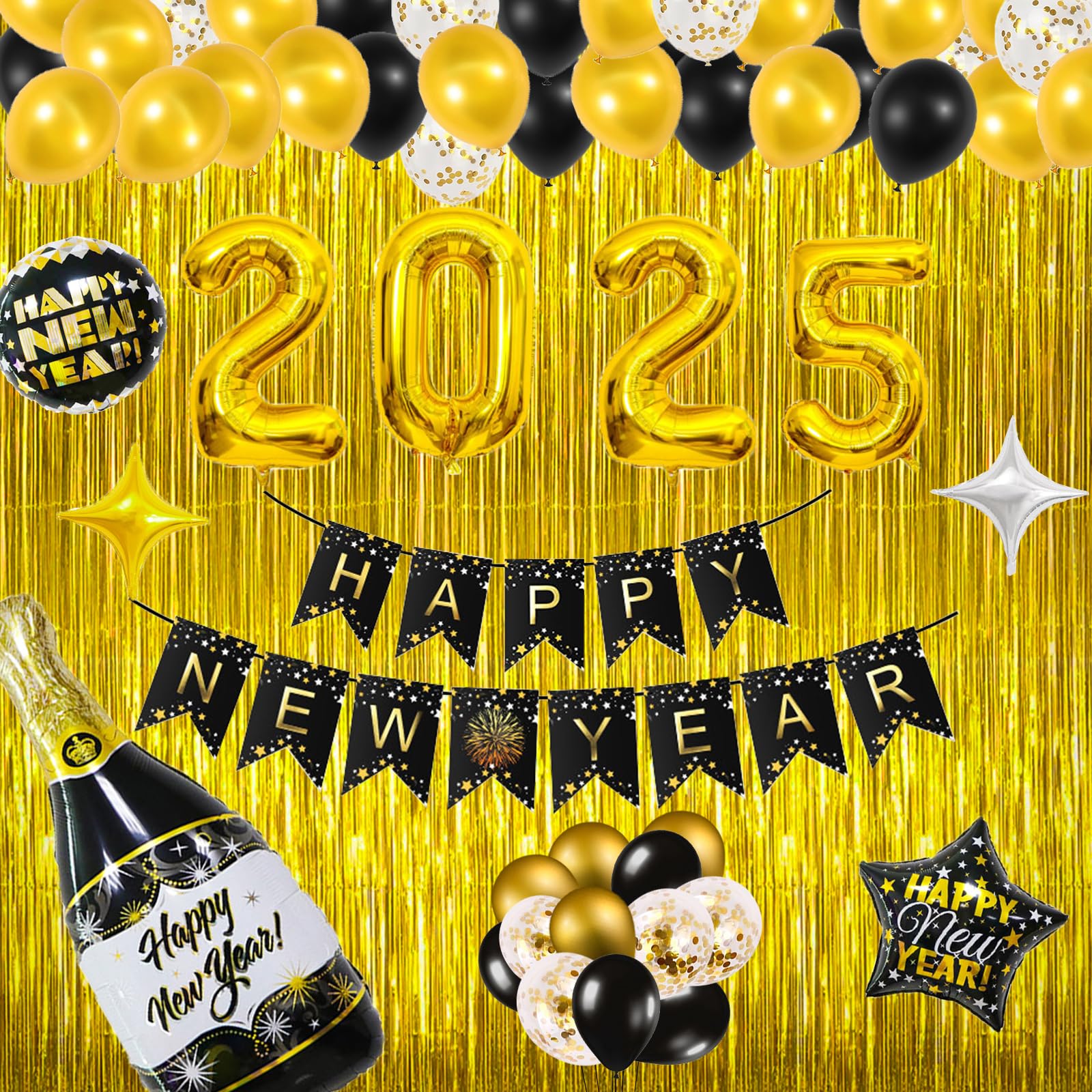 New Years Decorations 2025, New Years Eve Party Supplies 2025 - Happy New Year Decorations Kit 2025 Nye Decorations Decoracion de año nuevo 2025 Gold and Black Happy New Year Decor