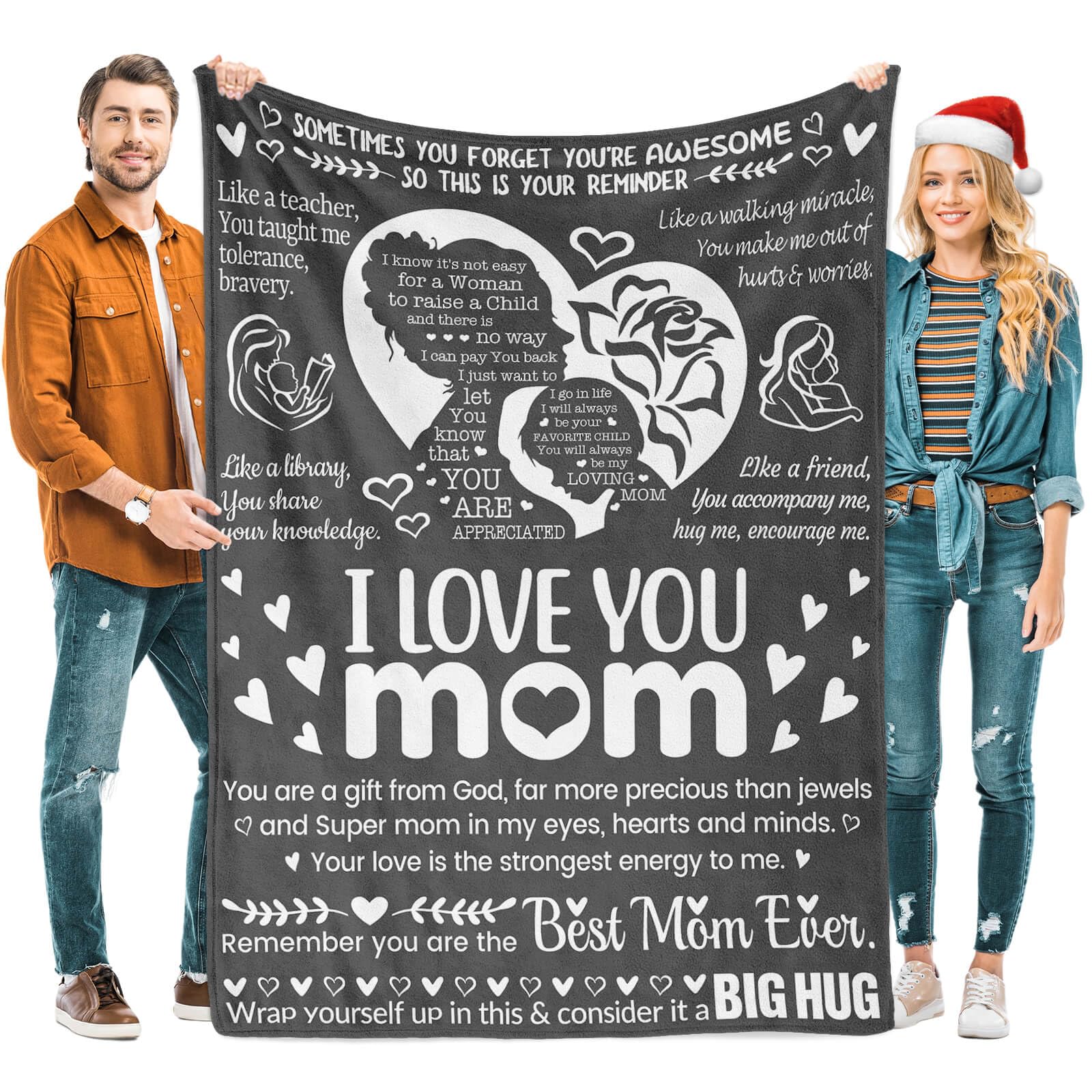 Mothers Day Blankets for Mom from Daughter & Son, I Love You Mom Gifts Blankets, Warm Soft Blankets for Mom, Mom Birthday Gifts, Best Mom Ever Gifts Blankets, 50" x 70"(Grey)