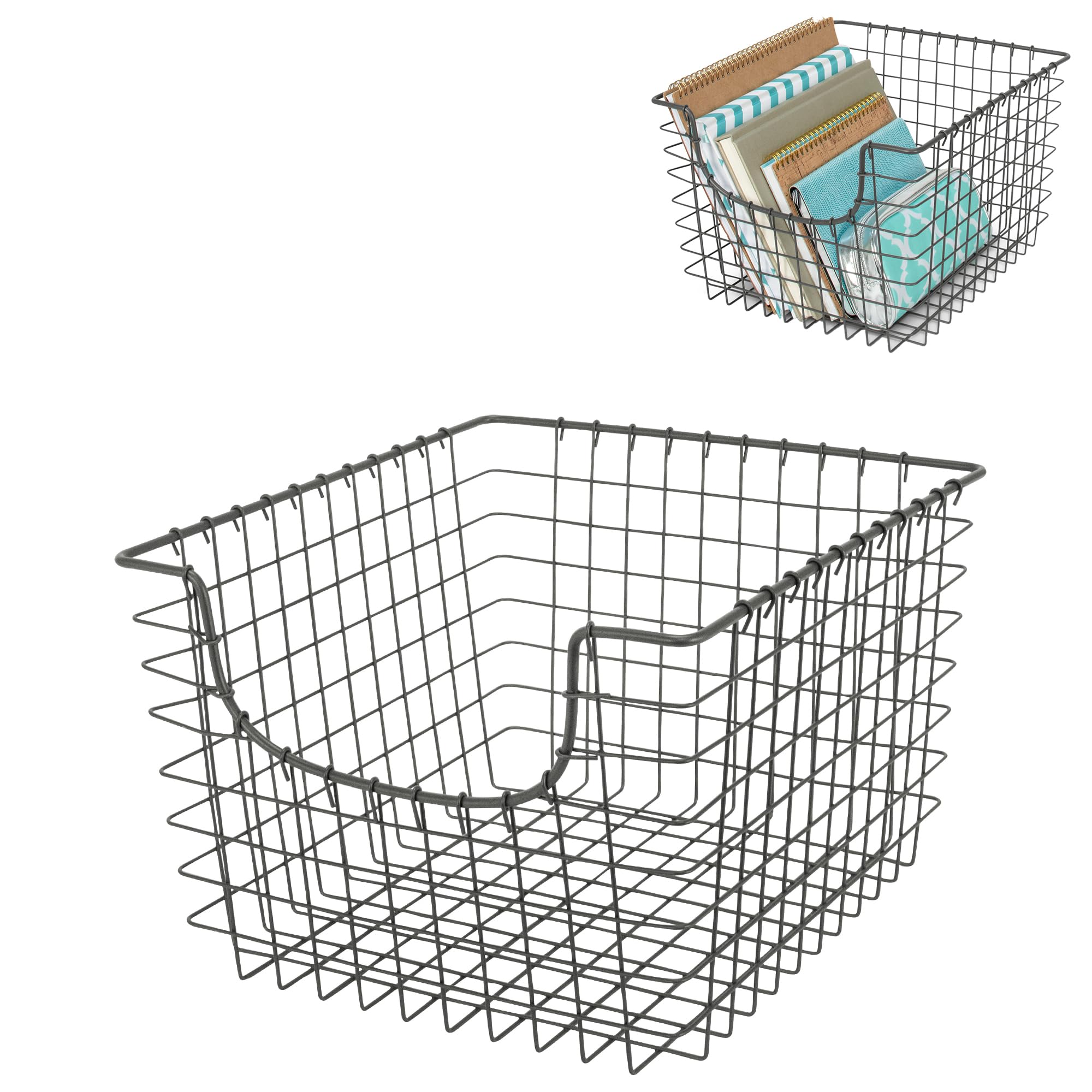 Spectrum Wire Basket for Organizing (Medium, Industrial Gray) - Sturdy Scoop Pantry Basket Storage - Wire Storage Basket Organizer for Kitchen, Shelf, Closet, Bathroom, Garage & More