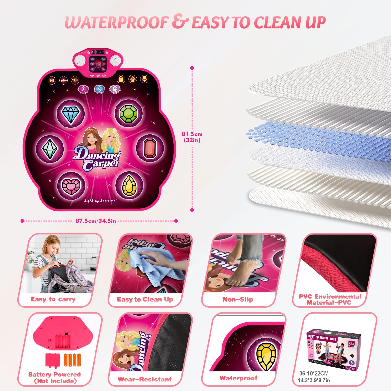 Dance Mat Toys for 3-12 Year Old Kids,Electronic Dance Pad with Light-up 6-Button & Wireless Bluetooth, 5 Game Modes Princess Dancing Mat, Birthday Xmas Gifts for 3 4 5 6 7 8 9 10+ Year Old Girls