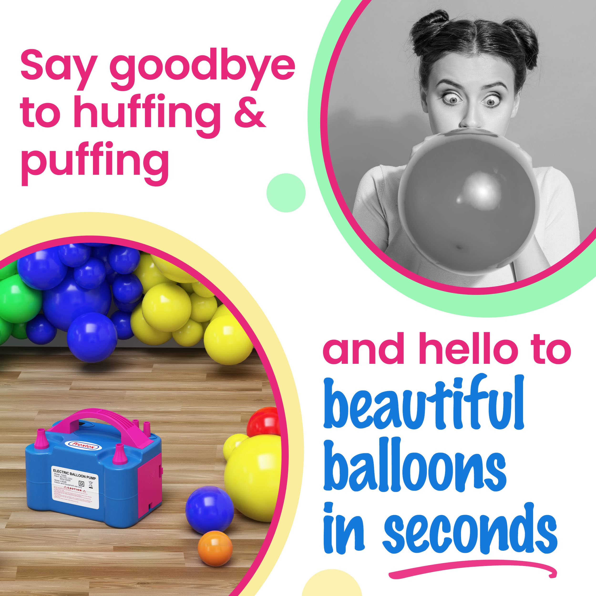 Prextex Balloons Electric Pump Inflate, Blue 110V 600W - Portable Pump with Air Blower & Dual Nozzle Inflator for Fast & Easy Bulk Balloons Filling for Event & Party Decoration - Balloon Pump Electric