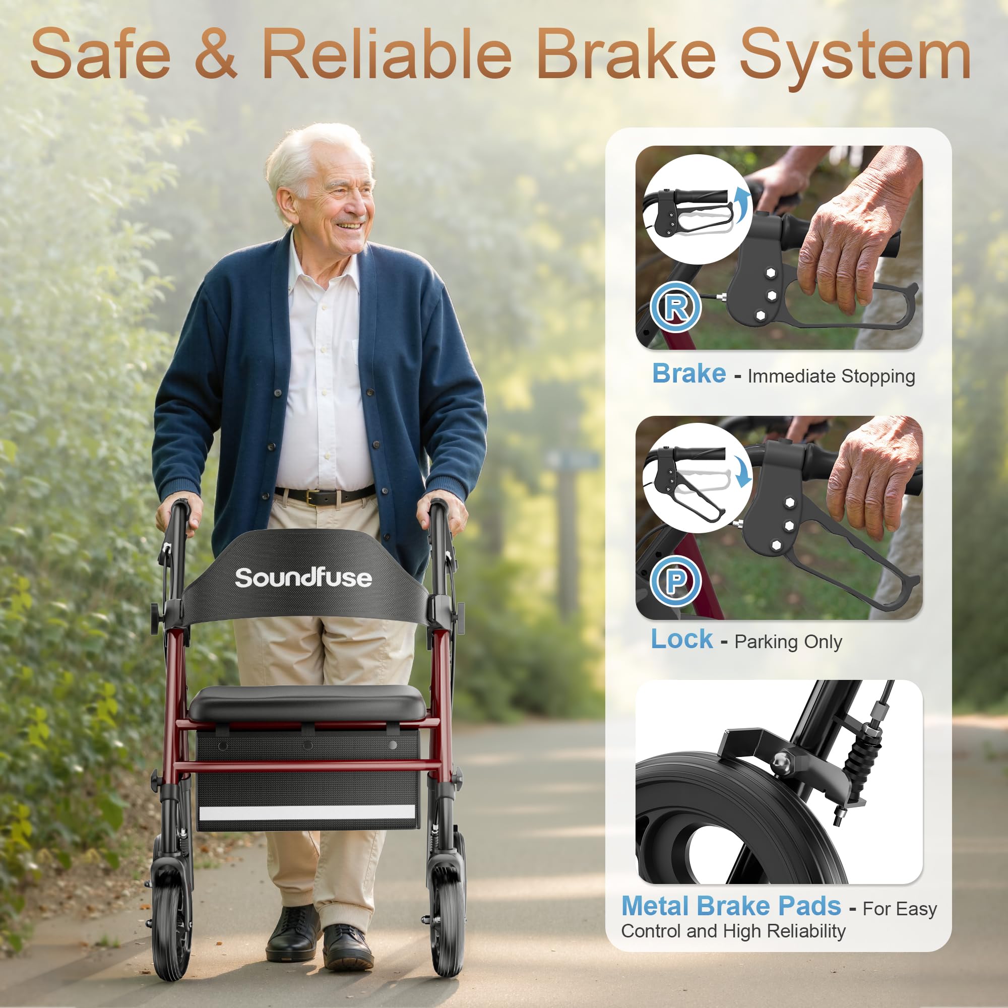 SOUNDFUSE Walkers for Seniors, Rollator Walker with Seat, 8" All Terrain Wheels, Double Support Bar, 350lb, 16" Ergonomic Arc Seat and Comfortable Backrest, Dual Height Adjustable and Foldable Design