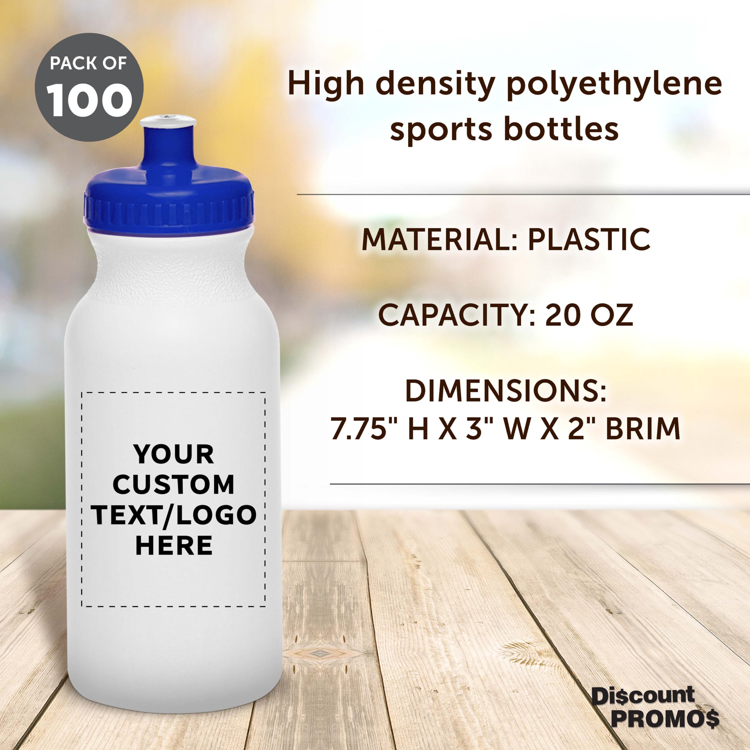 DISCOUNT PROMOS Custom White Water Bottles with Push Cap -100 pack, Customizable Text, Logo, 20 oz, Reusable BPA FREE Squeezable Bottles in Bulk, White Blue