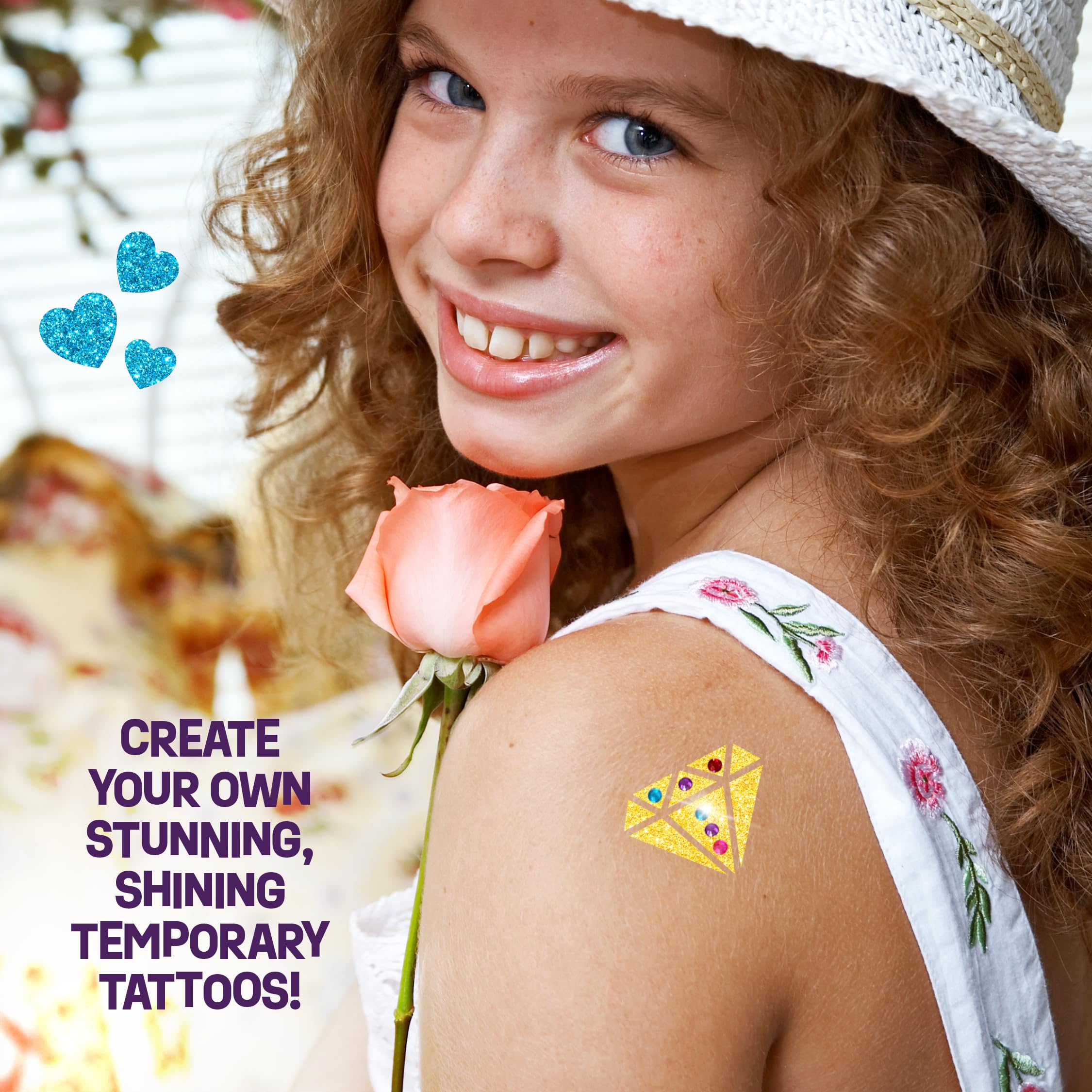 Temporary Shimmery Tattoo Studio Kit for Kids - Glitter & Metallic Fake Tattoos for Girls - Birthday Gift Ideas for Girl - Best Craft Kits Toys Stuff for Ages 6, 7, 8, 9, 10, 11 Year Old - Cool Gifts