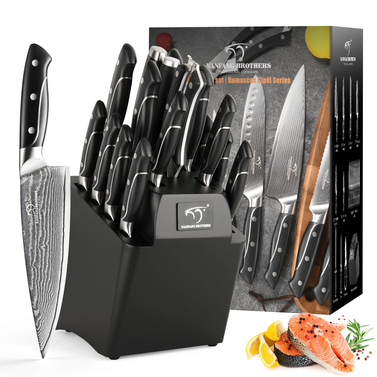 18 Pieces Damascus Kitchen Knife Set, 8 Piece Steak Knives, Non-slip ABS Ergonomic Triple Rivet Handle for Meat Fork, Knife Sharpener and Shears, 17 Slots Wooden Knife Block