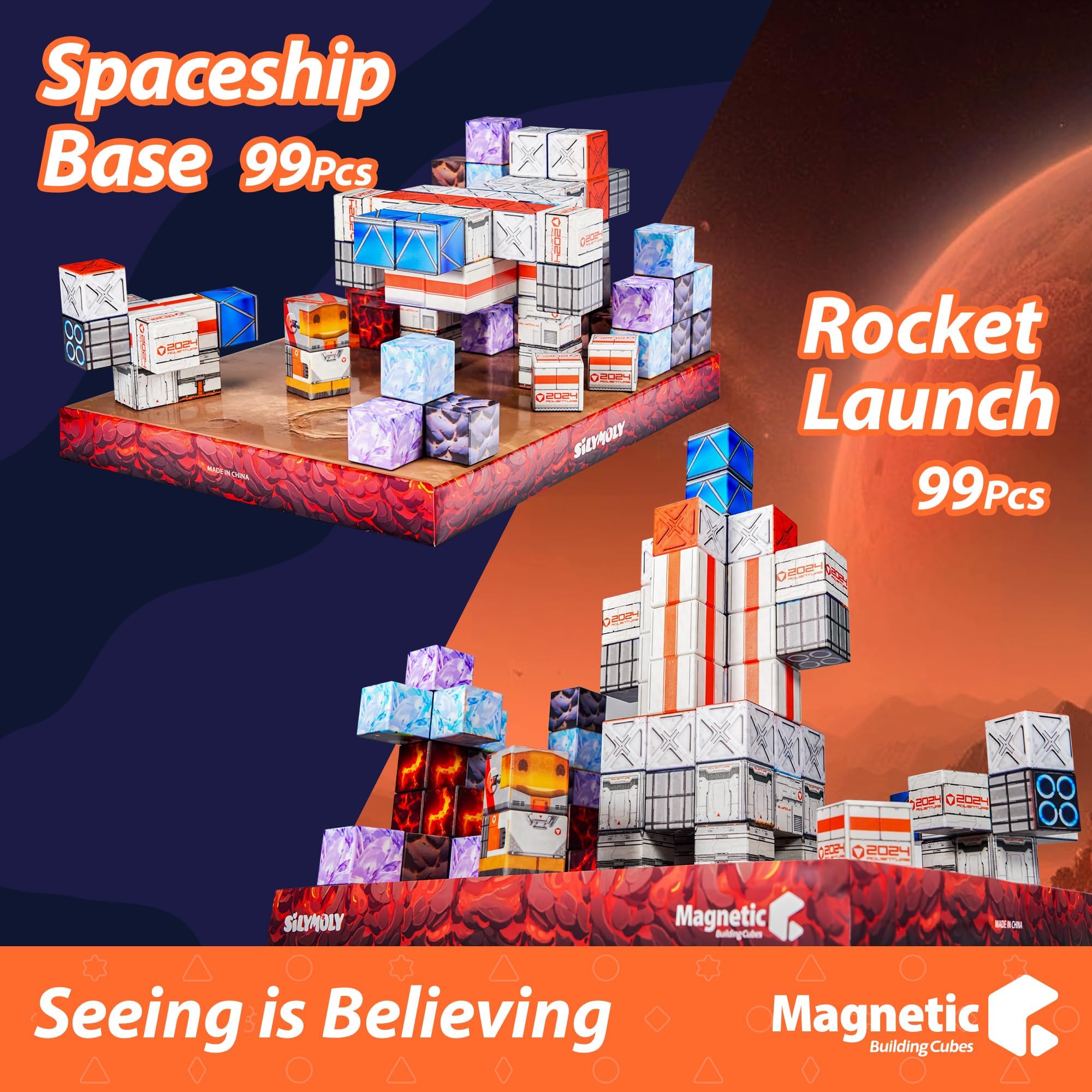 Magnetic Blocks 1.2 inches Space Exploration Editon Build Mine Magnet World Set STEM Building Toy Sensory Gift for Kids Toddler Toys for Boys Girls 3+ 4+ 5+ 3D puzzle Magnetic block 3.85 pounds 99pcs