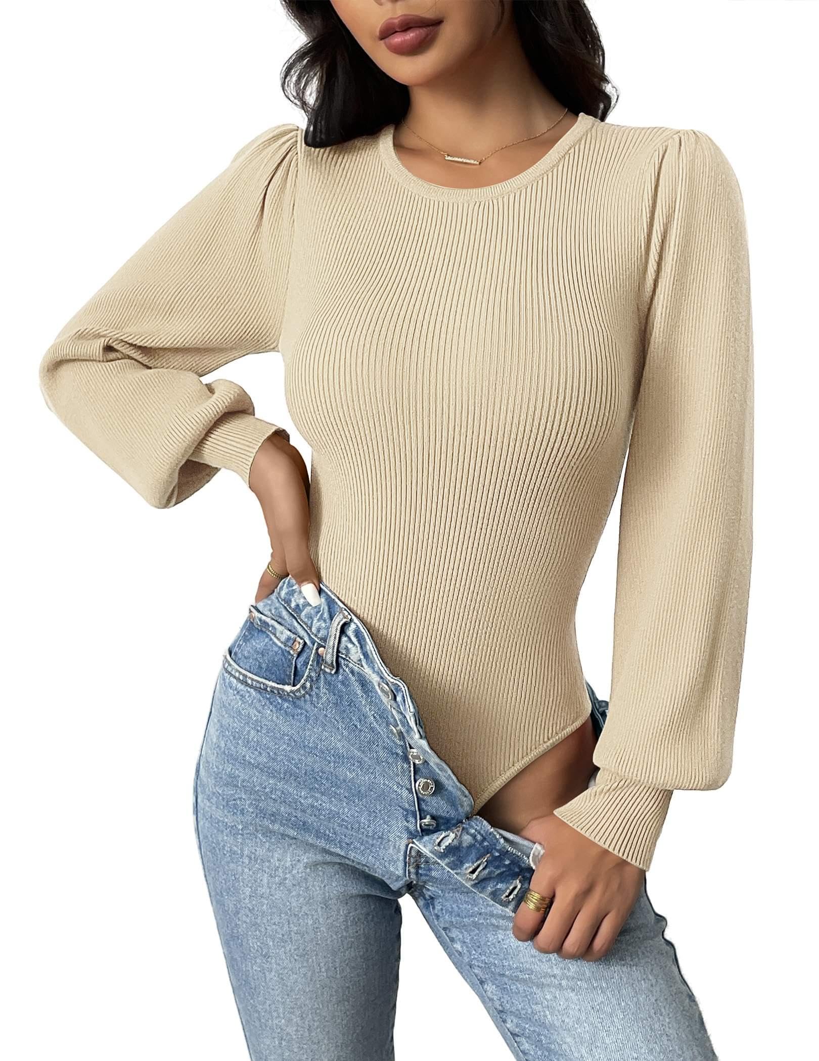 Zeagoo Women 2024 Long Puff Sleeve Sweater Fall Slim Fit Pullover Tops Crewneck Ribbed Knit Bodysuit Jumpsuit Coffee Medium