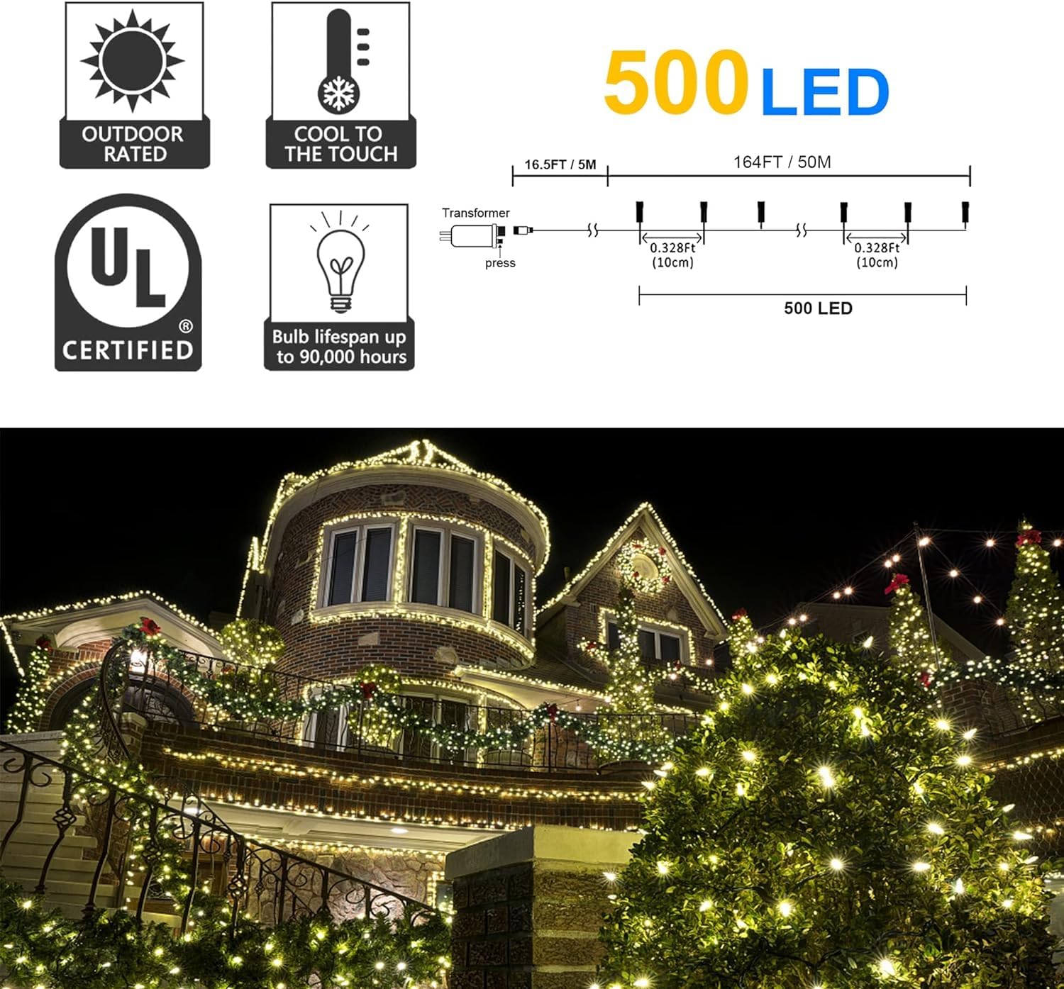 kemooie 500 LED Christmas String Lights, 164FT 8 Lighting Mode with Memory Plug in Green Wire Waterproof Lights, for Outdoor Birthday Christmas Wedding Party Garden Balcony Decorations (Warm White)