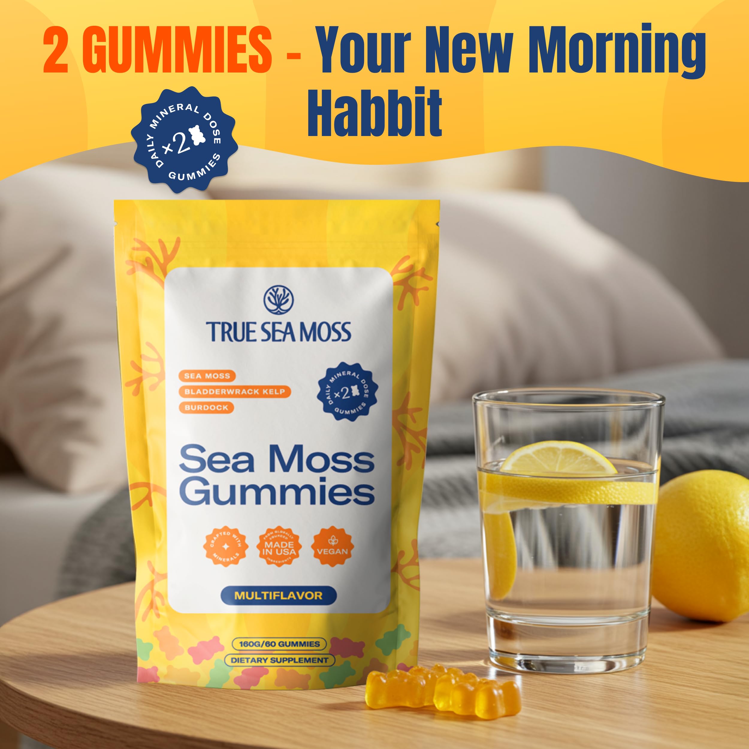 TrueSeaMoss Sea Moss Gummies with Bladderwrack, Burdock Root – Vegan Supplement Sea Vegetables for Adults & Kids – Plant-Based, Fruity Flavor – 60 Gummies Sea, Made in USA - (Pauch May Vary)