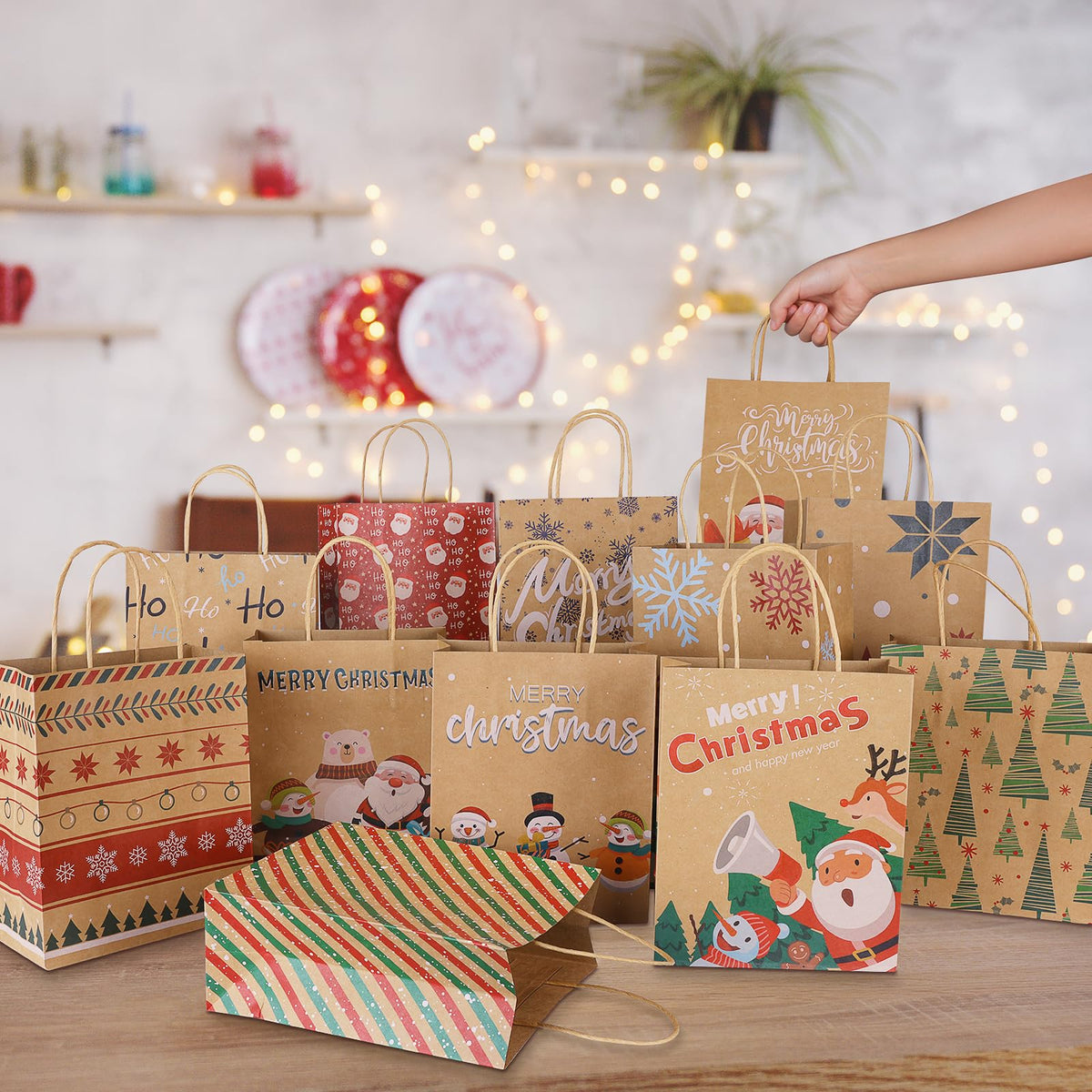 TranquilBliss 12 Unique Christmas Kraft Paper Gift Bags, Durable Handles & Non-Breaking Bottoms, Ideal for Holidays, Birthdays & Parties (24 PCS)
