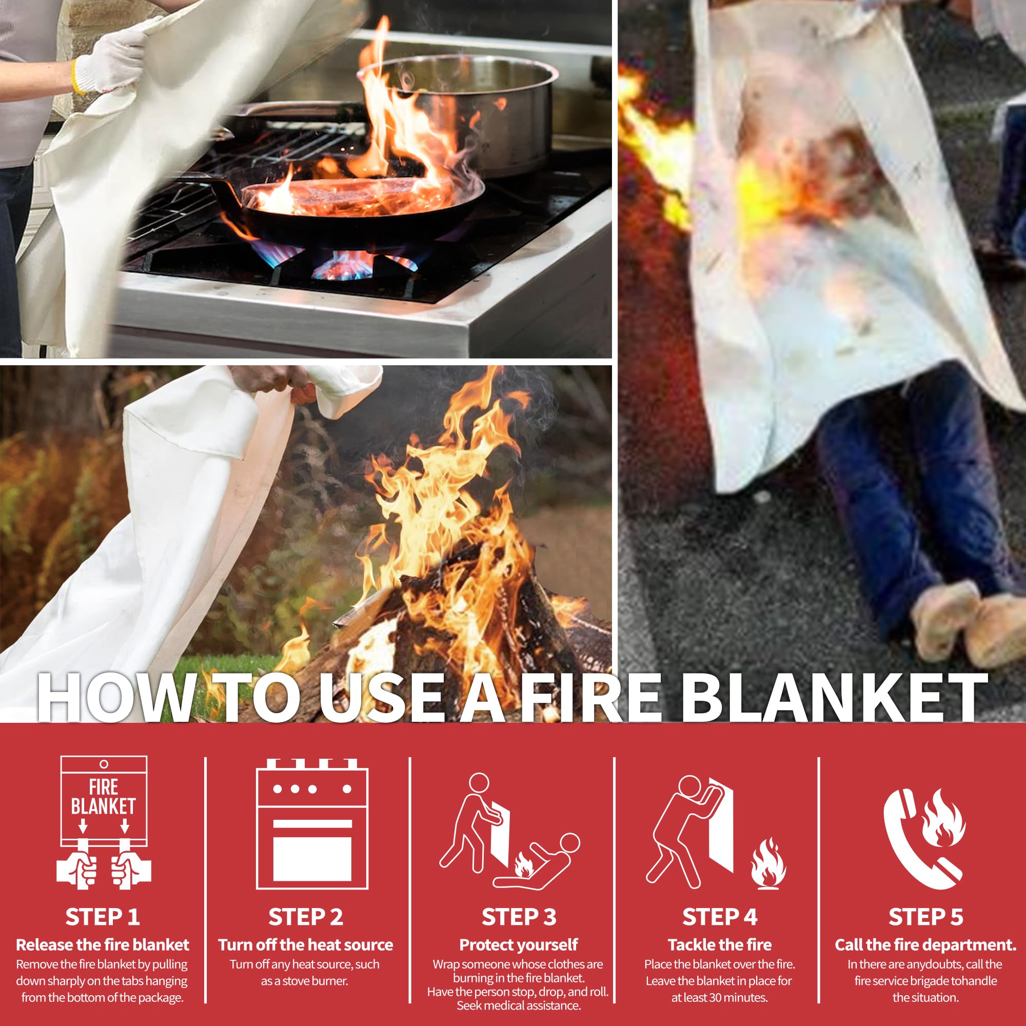 WUERLI Fire Blanket for Home and Kitchen, 40" x 40", 4 Pack, Emergency Fire Blanket