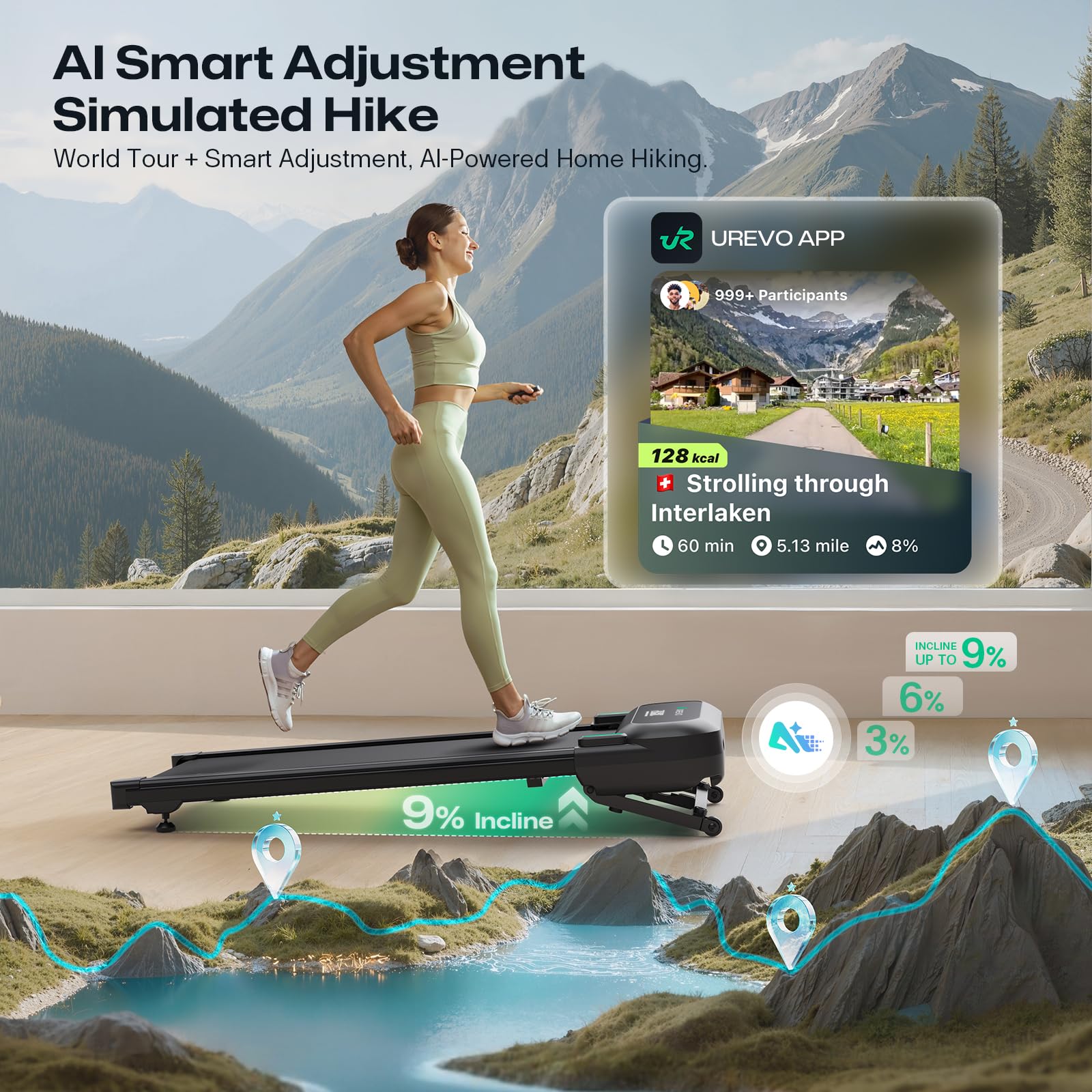 UREVO Smart Walking Pad Treadmill,9% Auto Incline, Quiet Operation, 2.5HP Dual Brushless Motorized, Standing Desk Treadmill, AI App with World Tour & HIIT, 12-Point Shock Absorption, Immersive Hiking