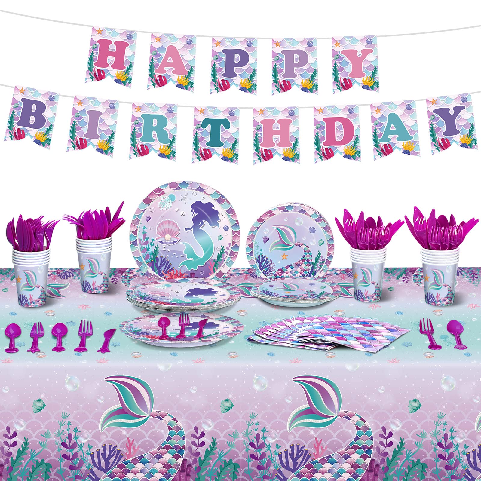 172 Pcs Mermaid Party Supplies Mermaid Birthday Set for Girls, Including Plate, Napkin, Cup, Knife Fork and Spoon, Tablecloth Set for Mermaid Under the Sea Baby Shower Party Decor, Serves 24 Guests