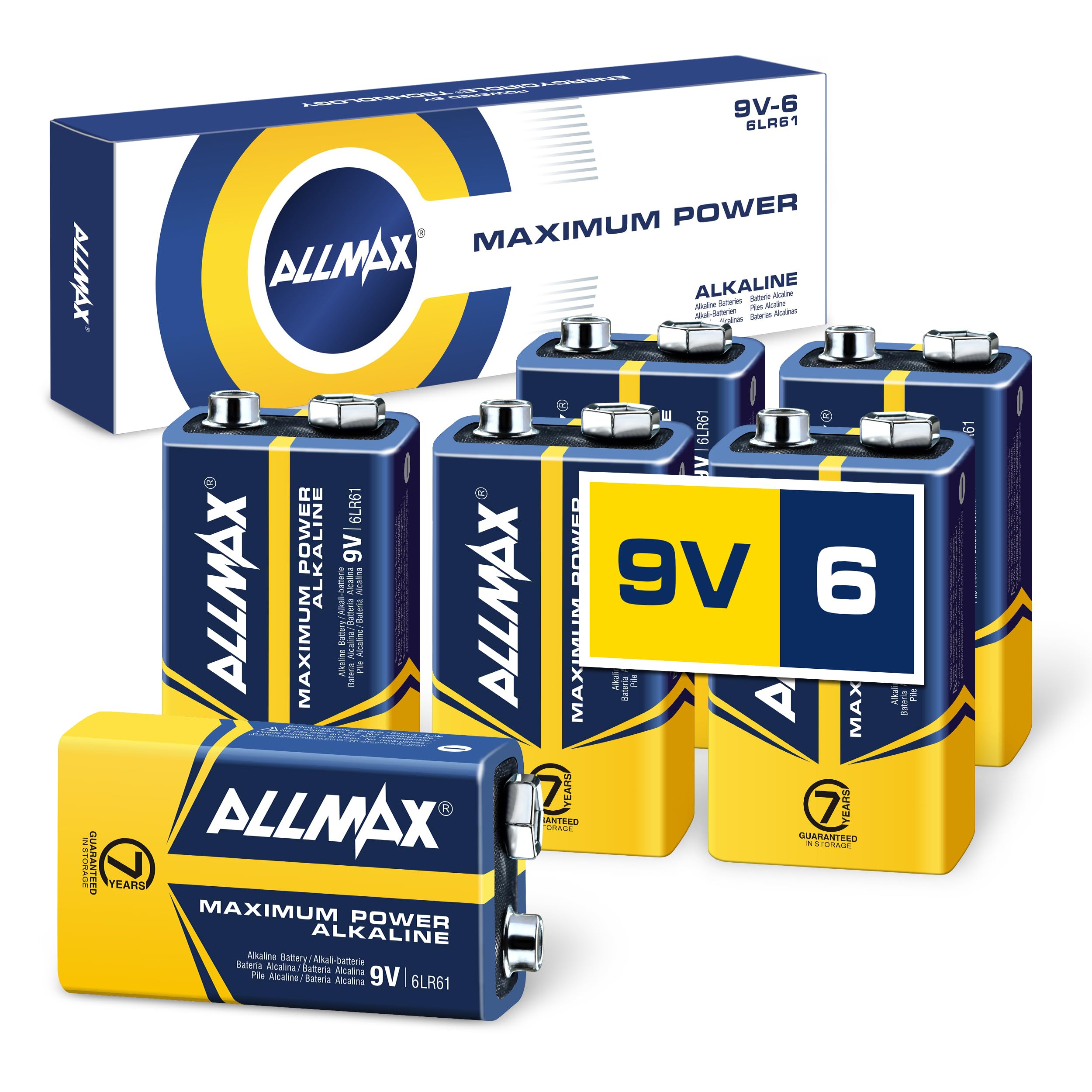 Allmax 9V Maximum Power Alkaline Batteries (6 Count) – Ultra Long-Lasting, 7-Year Shelf Life, Leakproof Design, Maximum Performance