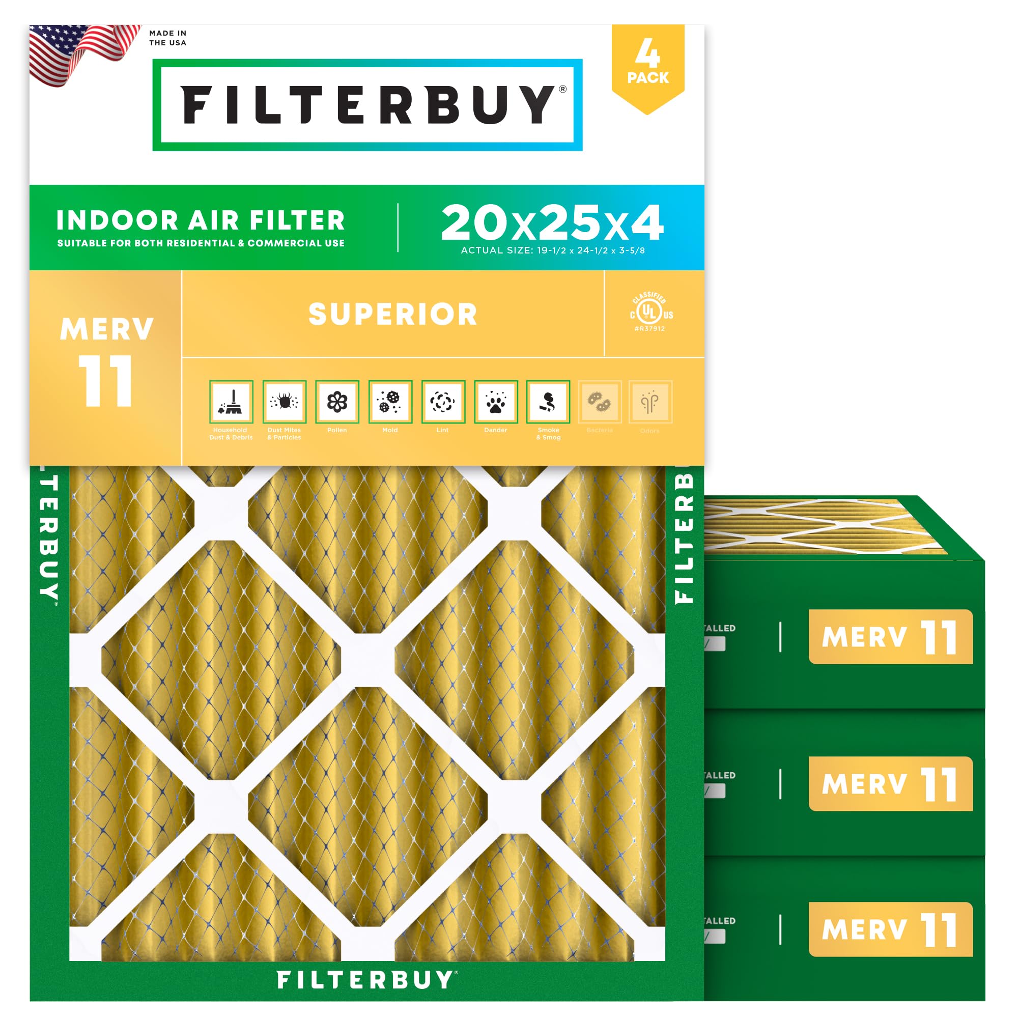 Filterbuy 20x25x4 Air Filter MERV 11 Allergen Defense (4-Pack), Pleated HVAC AC Furnace Air Filters Replacement (Actual Size: 19.50 x 24.50 x 3.63 Inches)