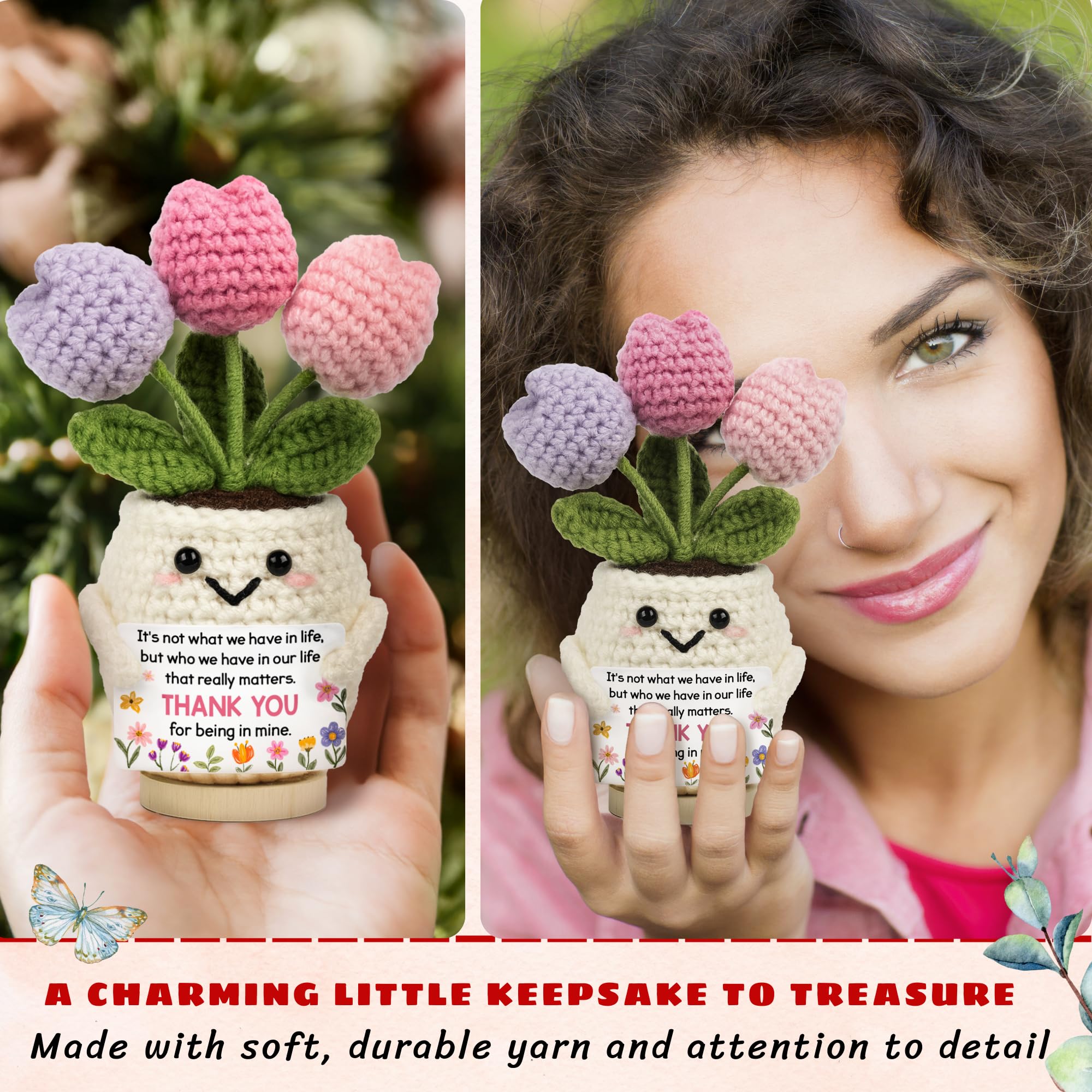 Lucagift Best Friend Friendship Gifts for Women - Funny Mothers Day Birthday Gifts for Friends, Bestie, BFF, Bestfriend, Female, Girls - 5.51'' x 4.13'' Knitted Positive Tulip Flowers Friend Crochet
