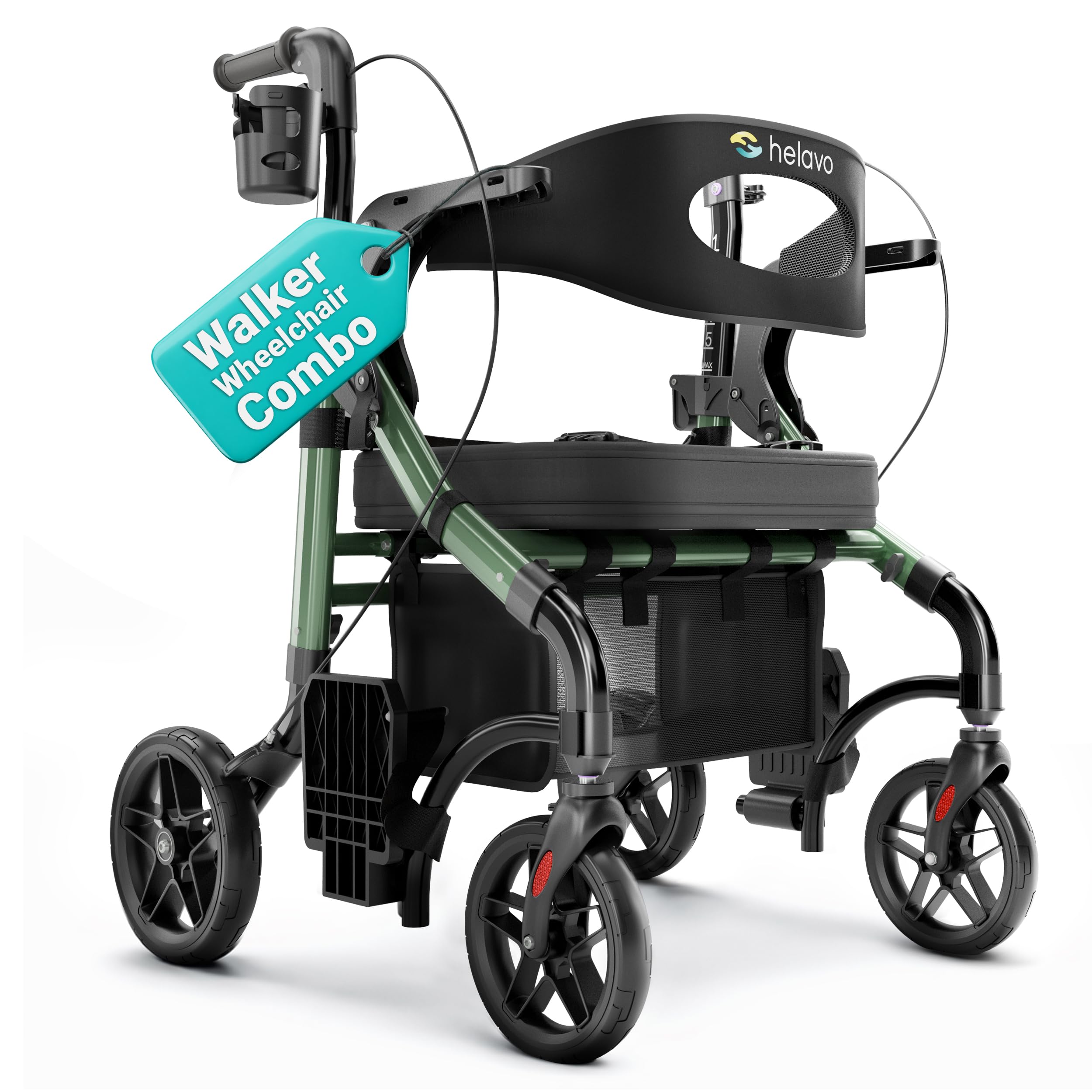 Helavo 2 in 1 Walker Wheelchair Combo with 10" All Terrain Wheels, Lightweight Rollator Transport Chair Combo, 300 lbs Load Capacity with Adjustable Height