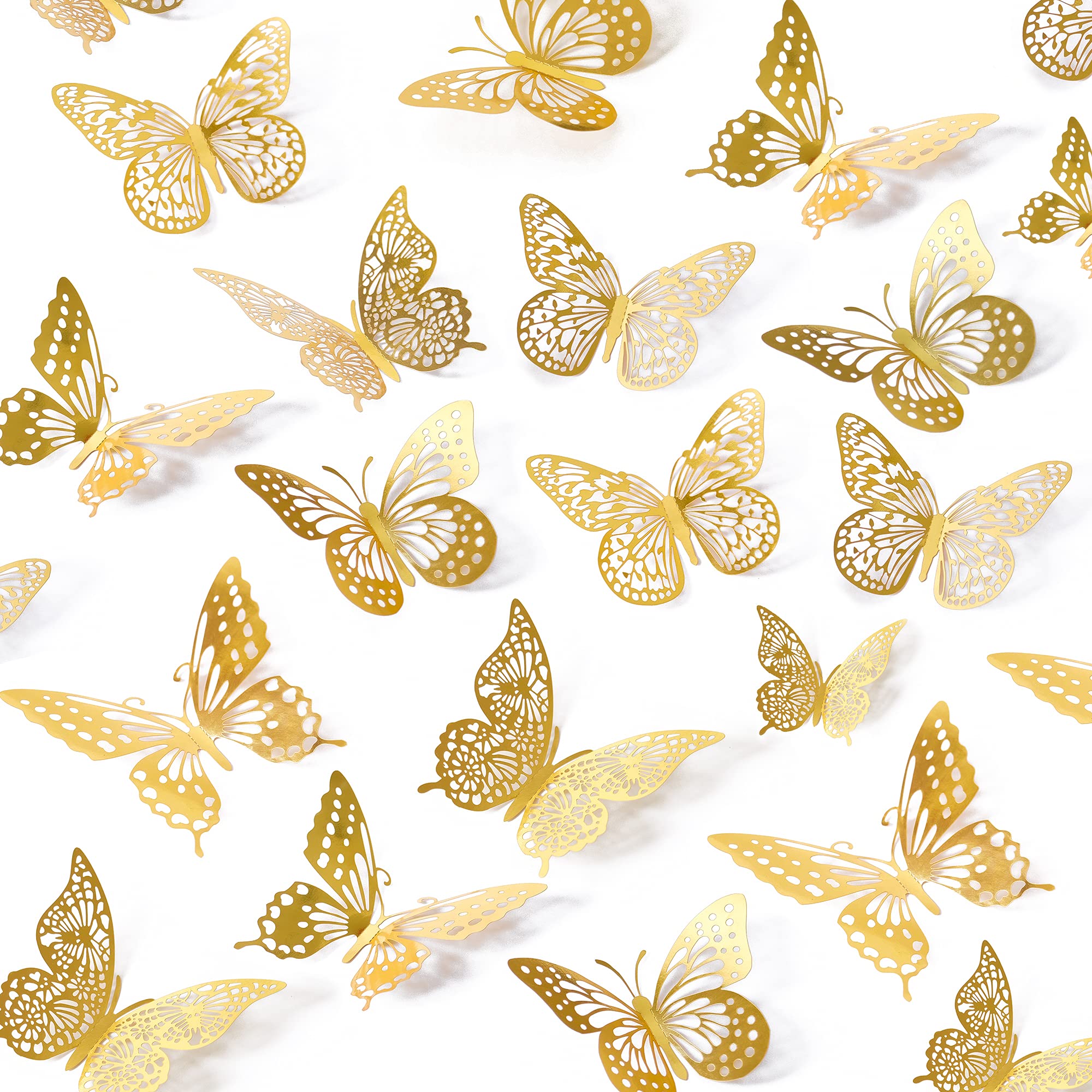 SAOROPEB 3D Butterfly Wall Decor 48 Pcs 4 Styles 3 Sizes, Gold Butterfly Decorations for Butterfly Birthday Decorations Butterfly Party Decorations Cake Decorations, Removable Stickers (Gold)